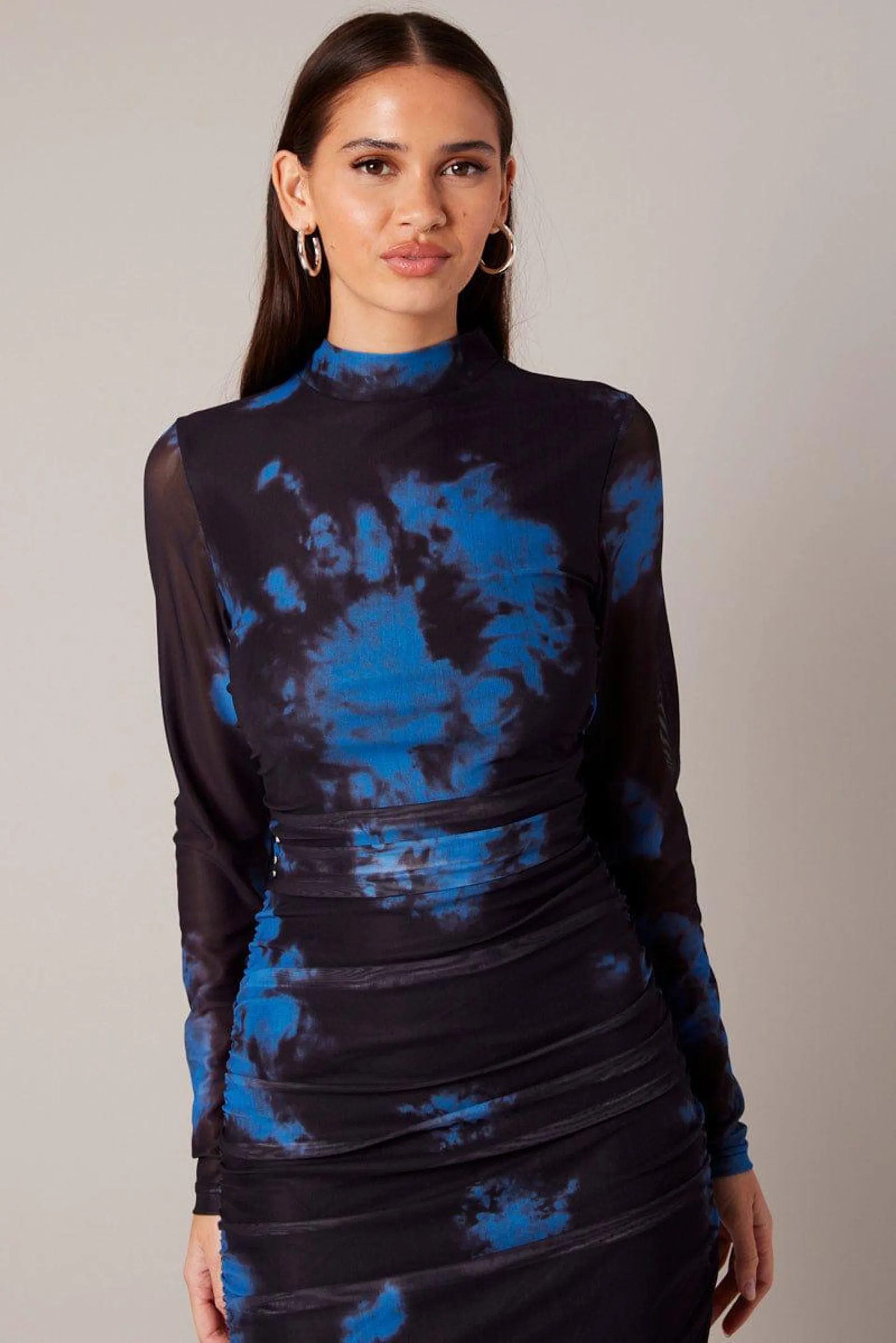 Blue Abstract Bodycon Dress Long Sleeve Mesh