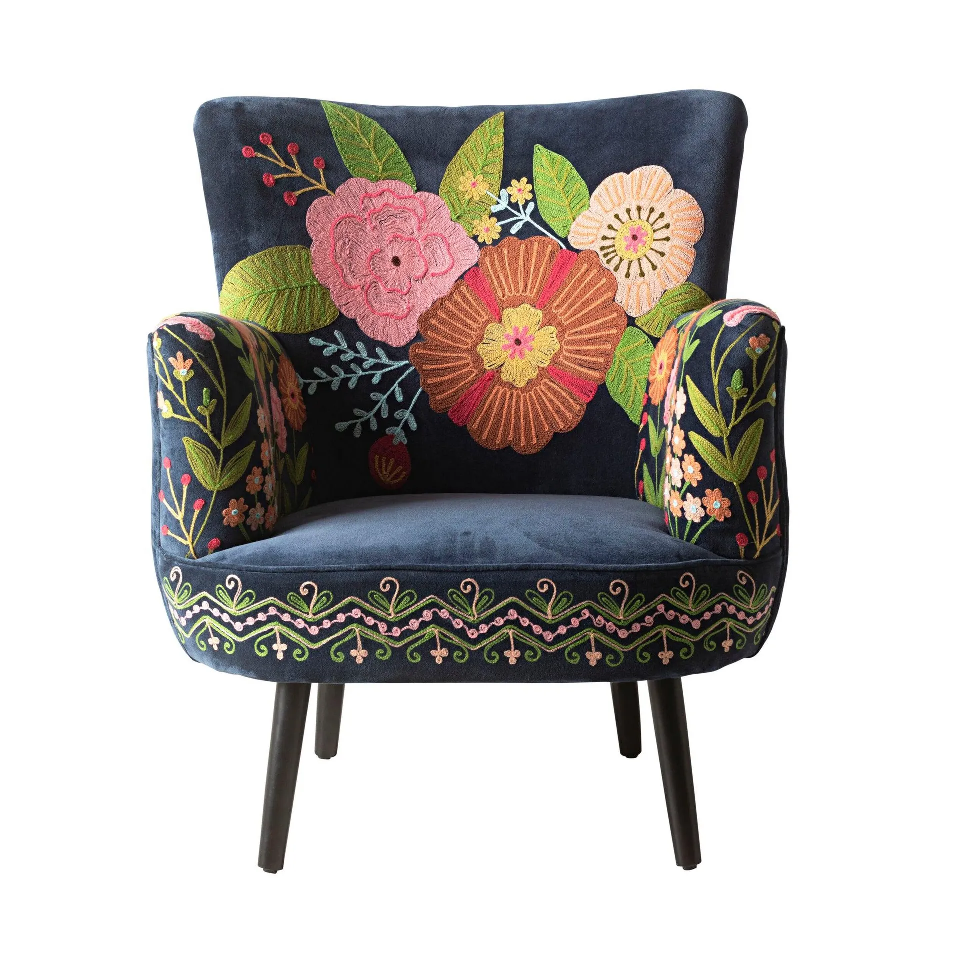 Field of Flowers Embroidered Armchair Indigo Blue