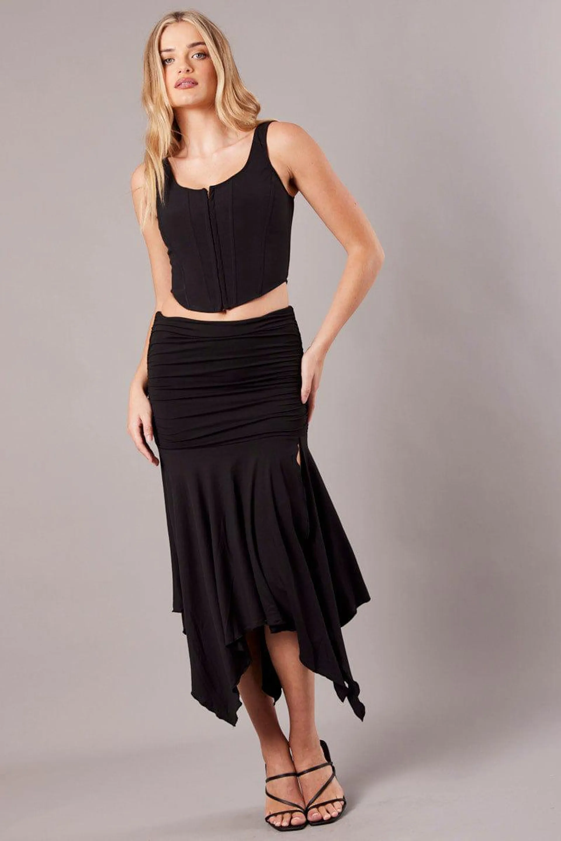 Black Handkerchief Midi Asymmetric Skirt