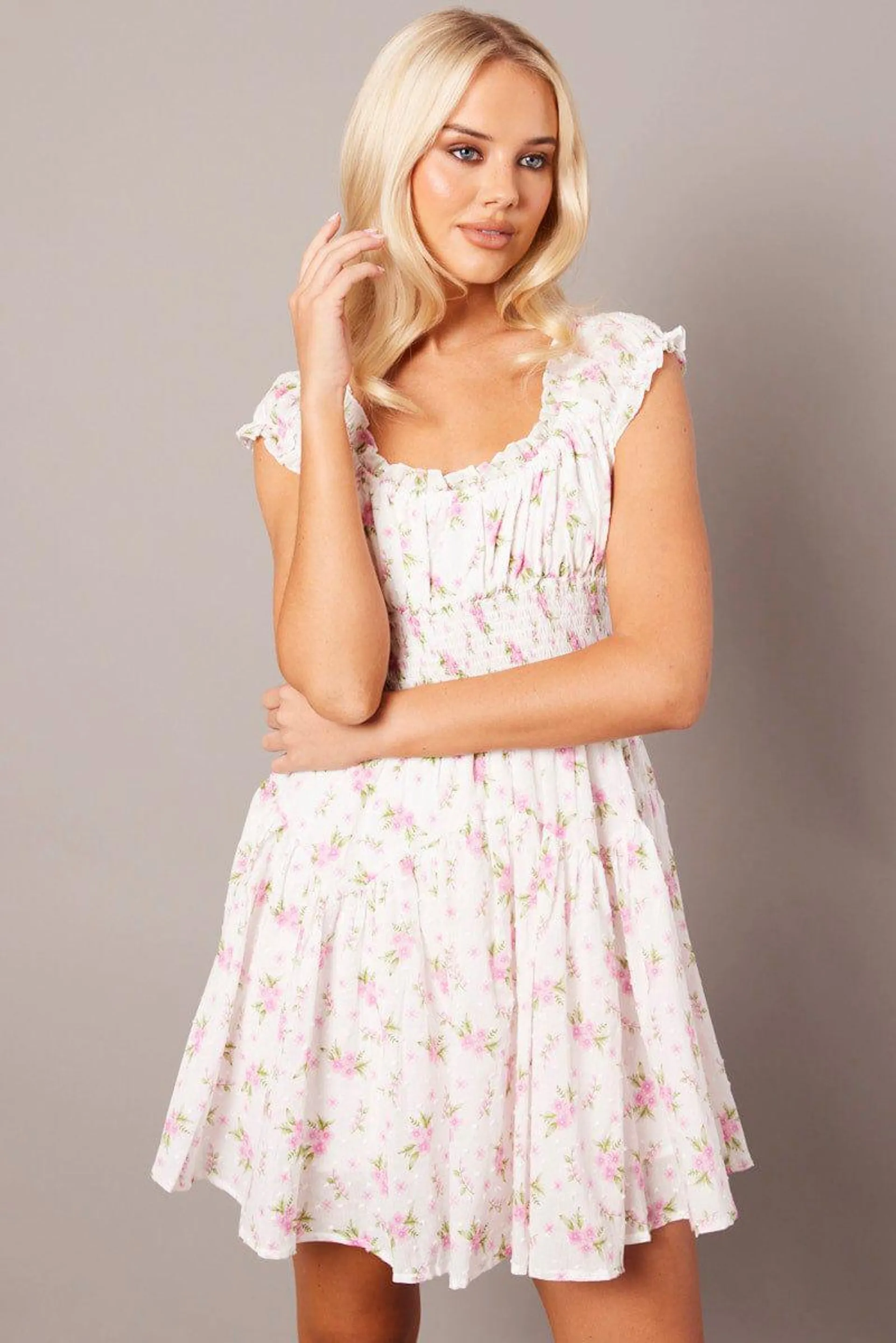 White Floral Fit And Flare Dress Puff Sleeve