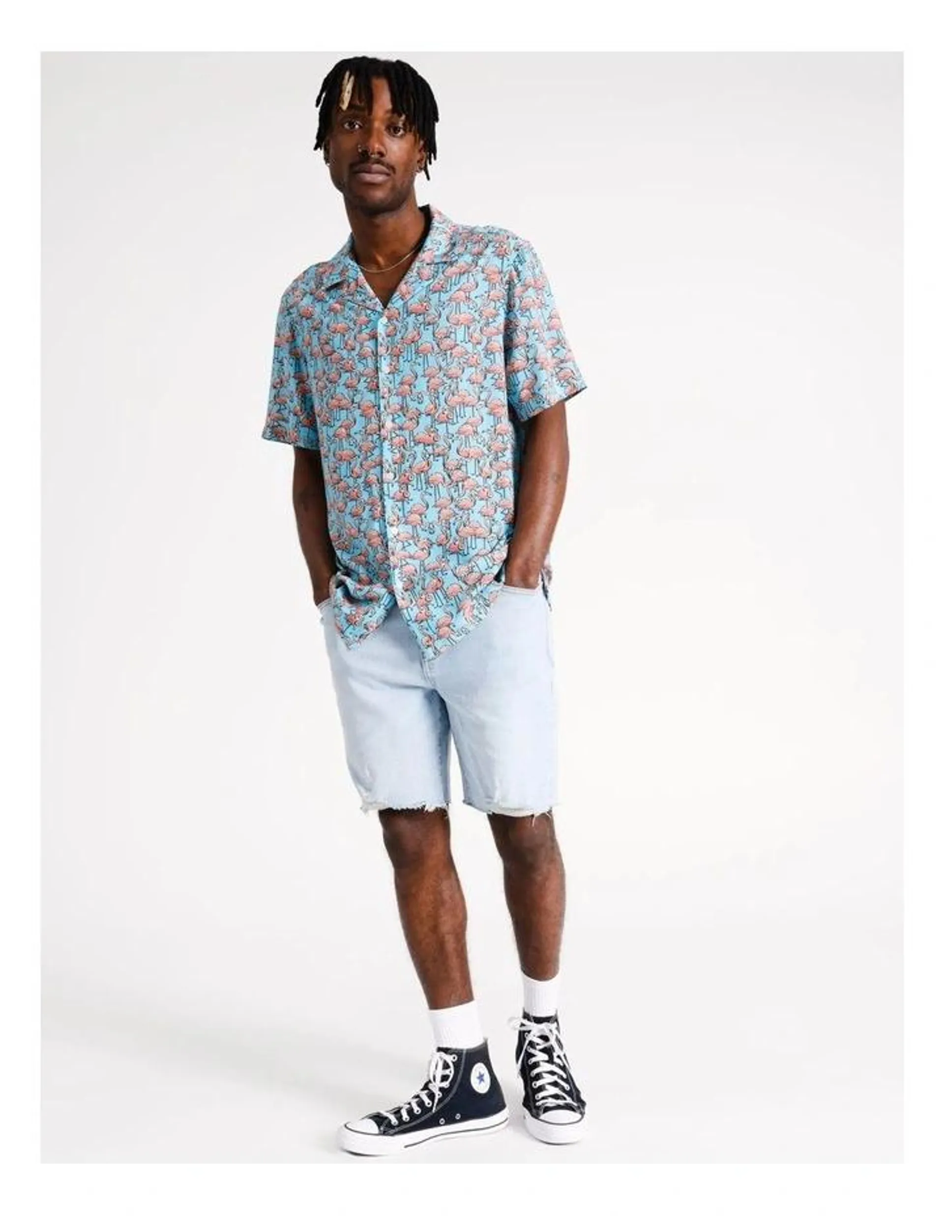 Flamingo Club Print Short Sleeve Rayon Shirt in Blue