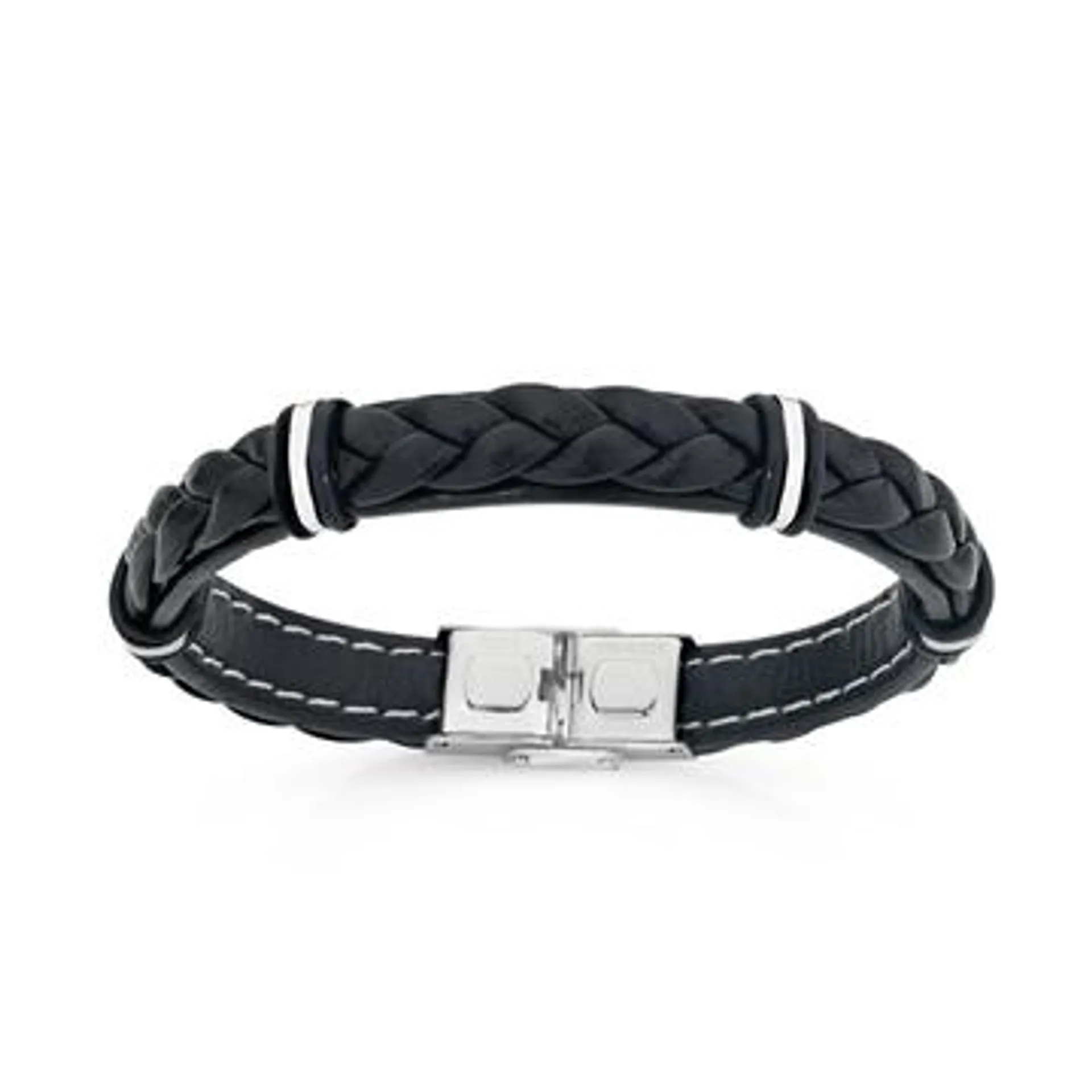 Stainless Steel Black Leather Bar Bracelet