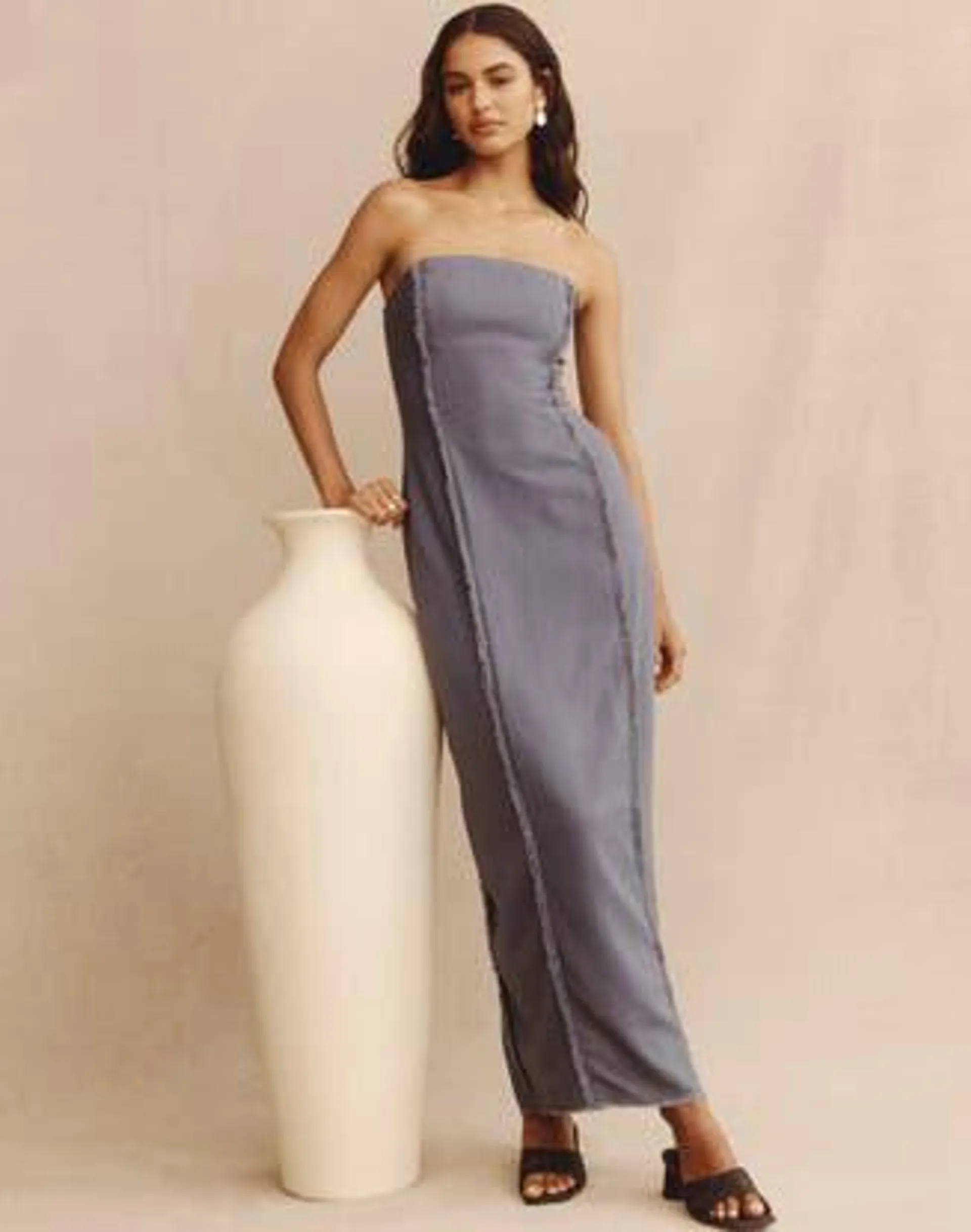 Linen Blend Strapless Midi Dress