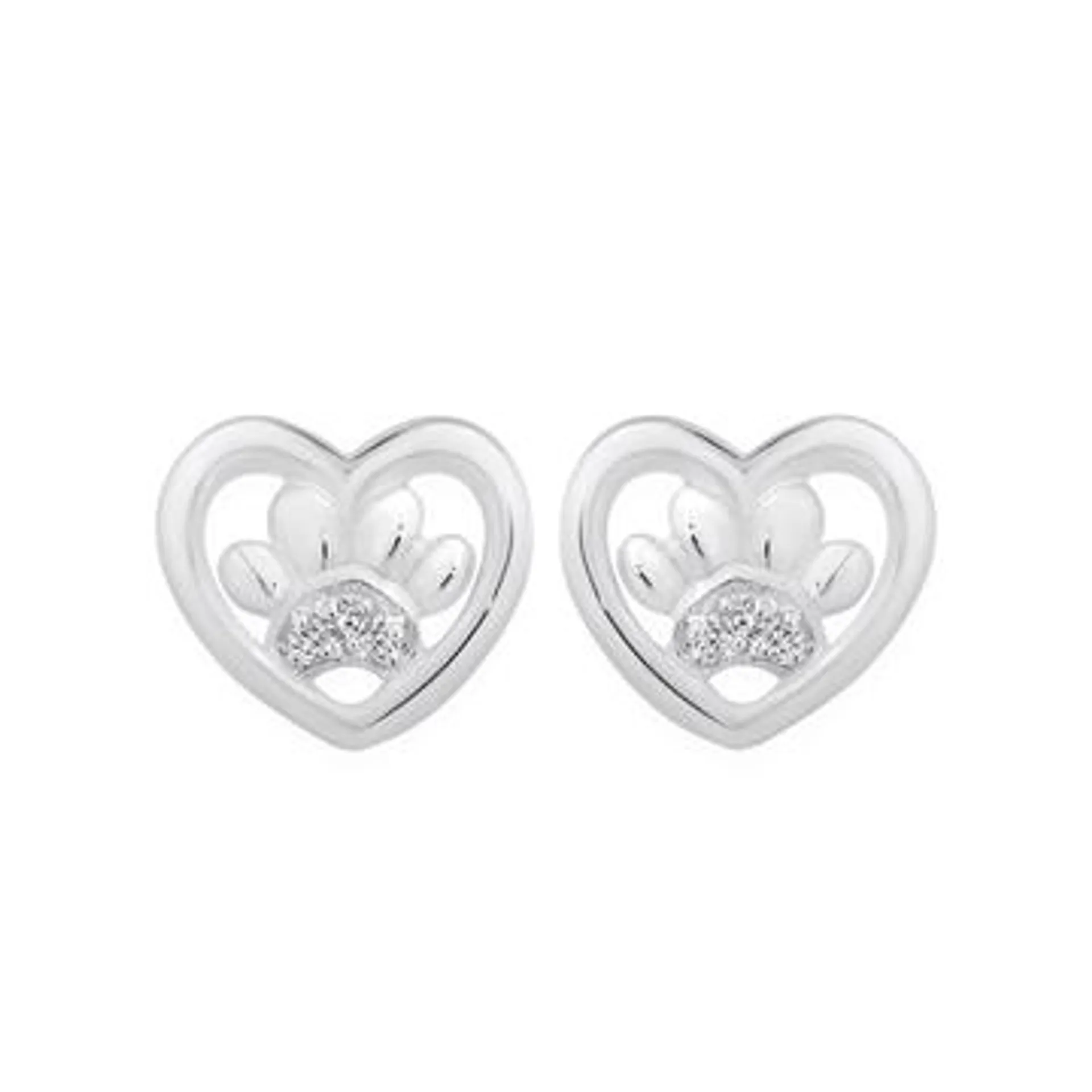 Silver CZ Paw Print Heart Stud Earrings