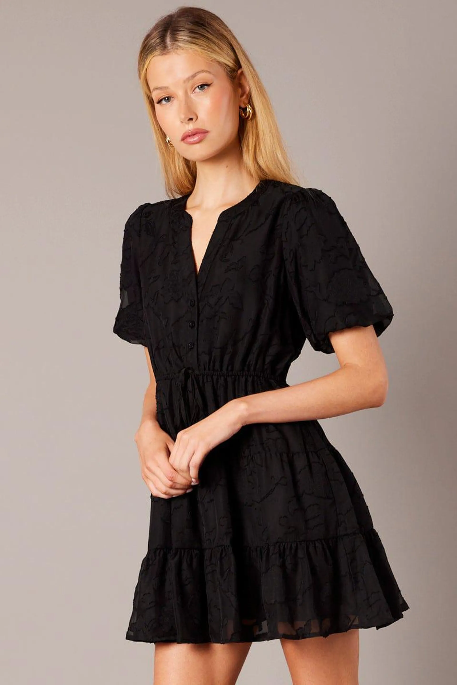 Black Fit And Flare Dress Puff Sleeve Burnout Fabric