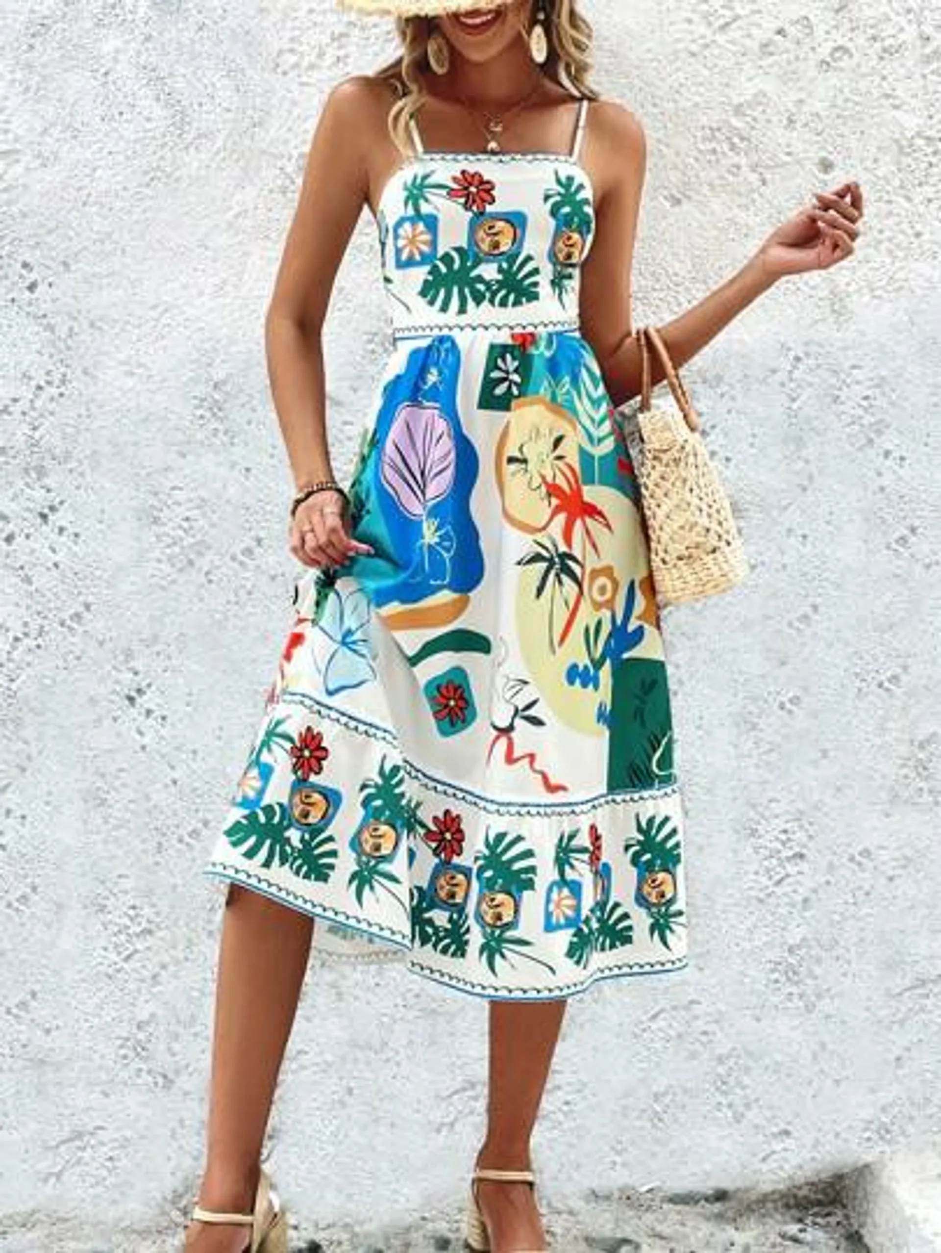 SHEIN VCAY Tropical Print Ruffle Hem Cami Dress