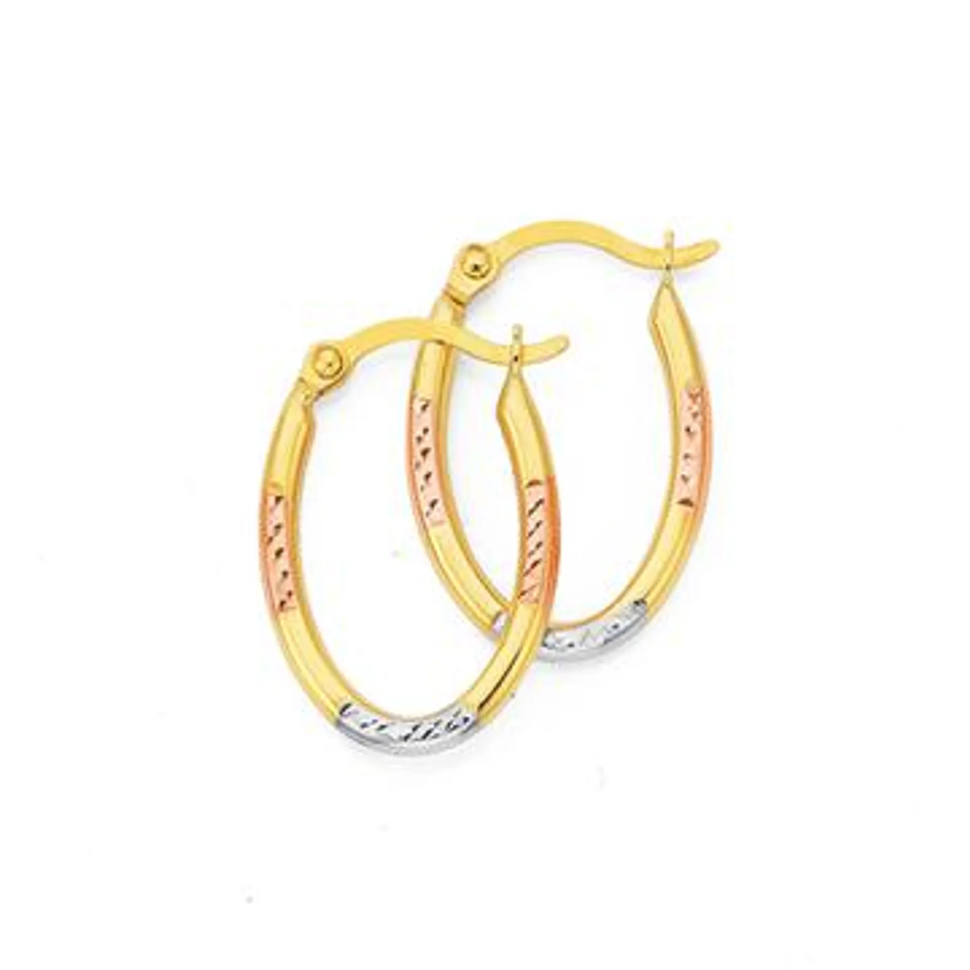 9ct Gold Tri Tone Diamond-cut Striped Oval Hoop Earrings