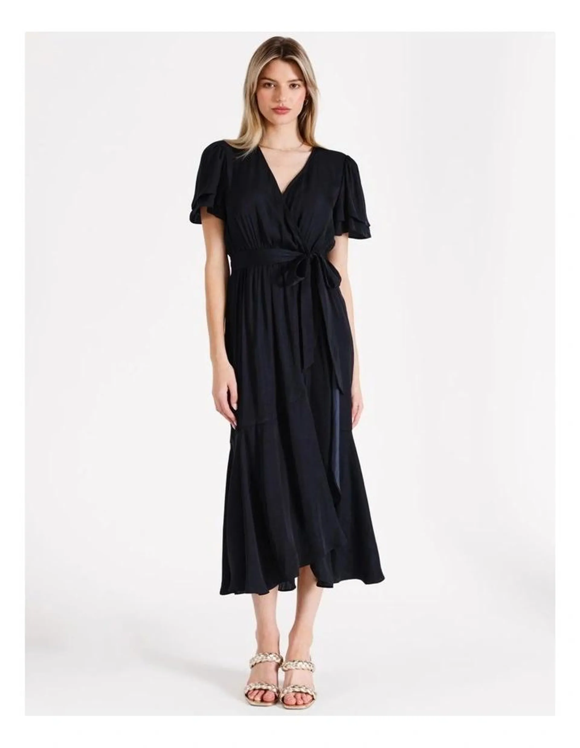 Recycled Blend Satin Flutter Sleeve Midi Wrap Dress in Navy