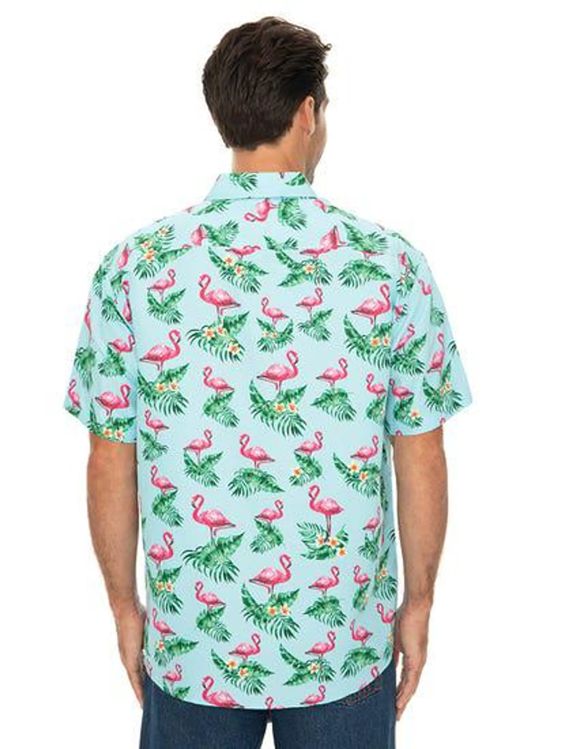 Mens Printed Hawaiian Shirt Aqua Flamingo Palm