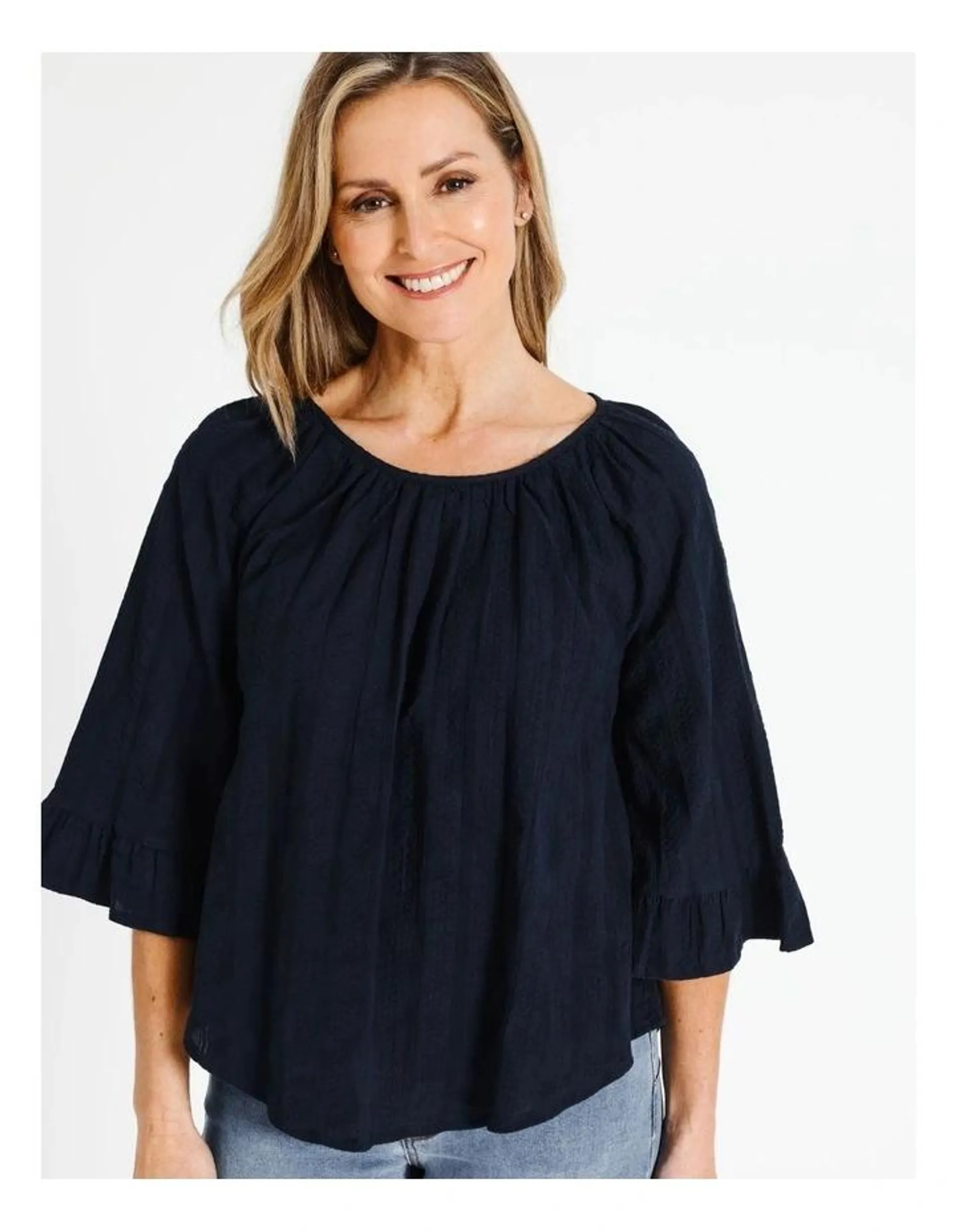 Short Frill Sleeve Top With Gathered Neck in Navy