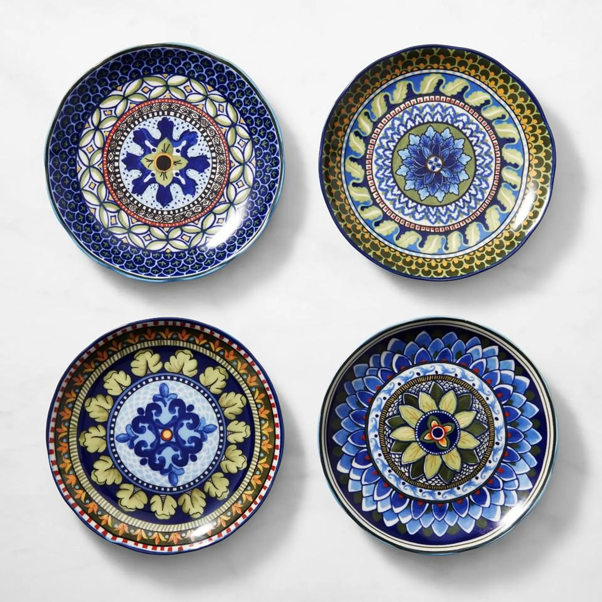 Sicily Ceramic Mixed Appetiser Plates, Set of 4, Blue & Green