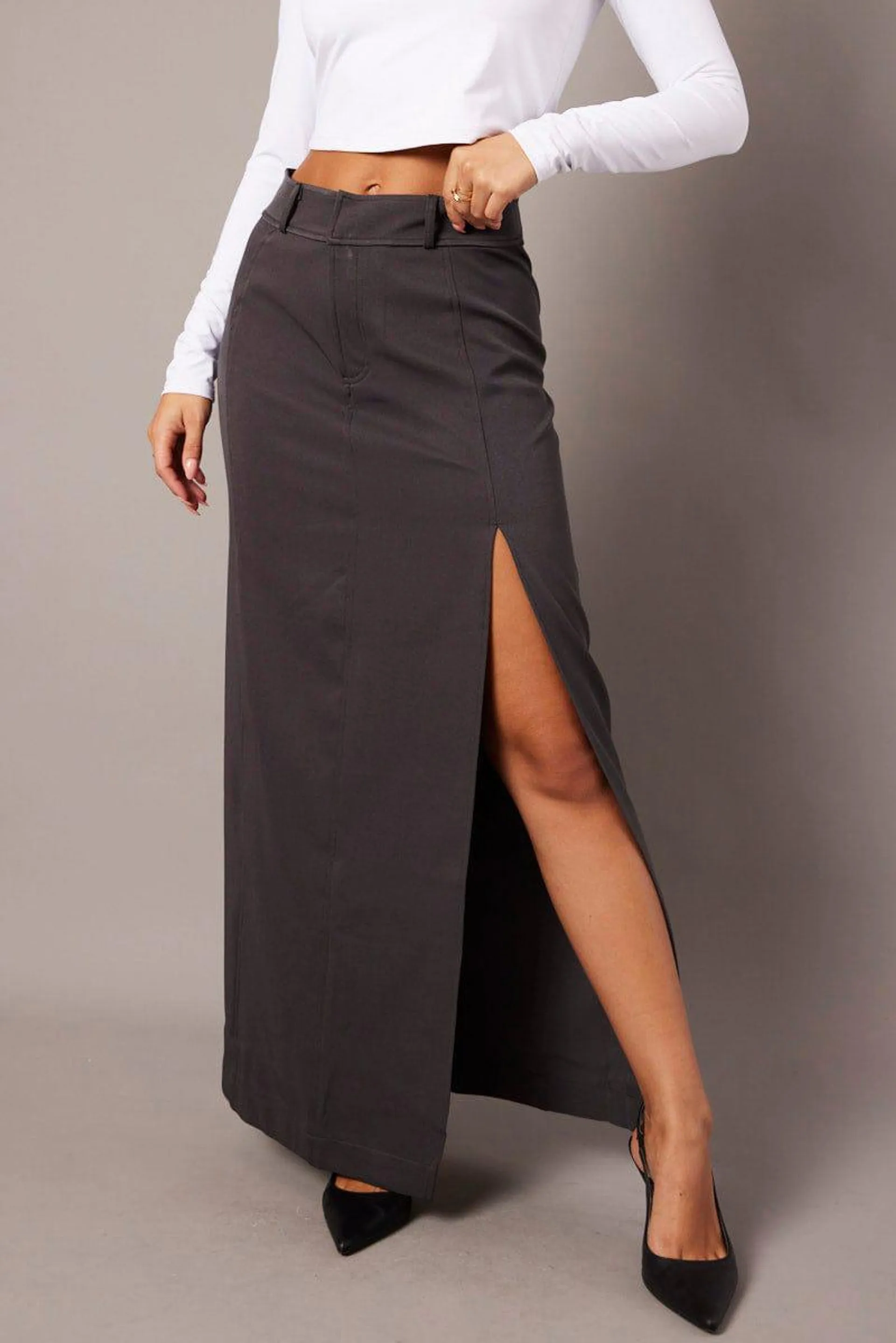 Grey Midi Skirt Tailored High Waist
