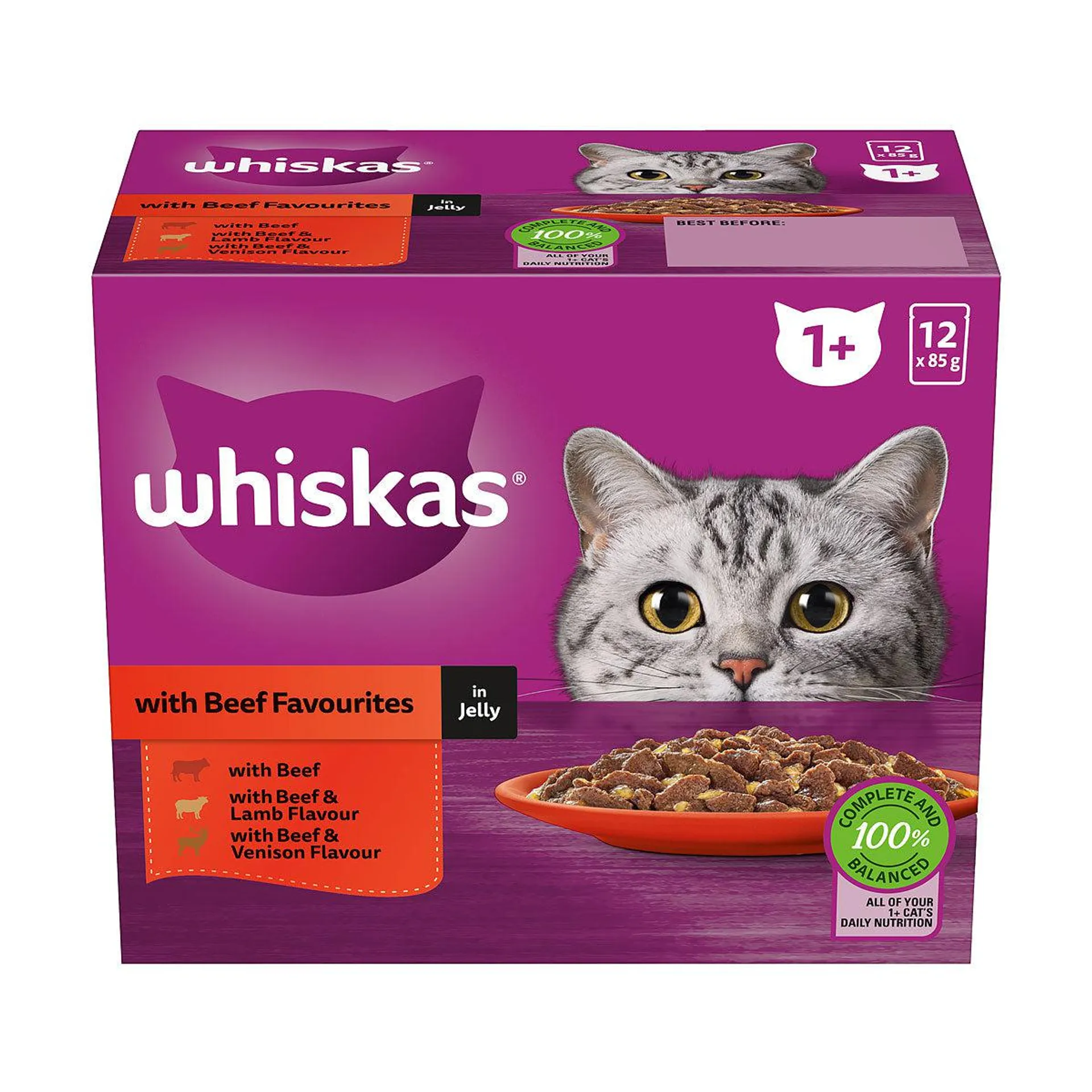 Whiskas Cat Food Favourites Beef In Jelly 12x85g