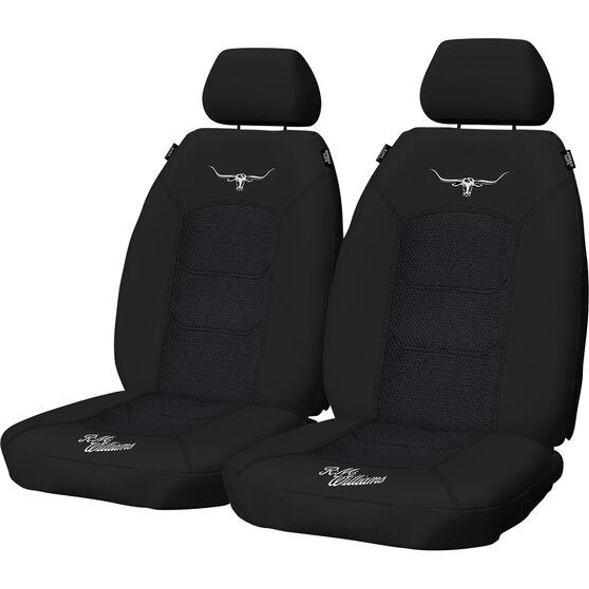 R.M.Williams Woven Seat Covers Black Adjustable Headrests Size 30 Front Pair Airbag Compatible