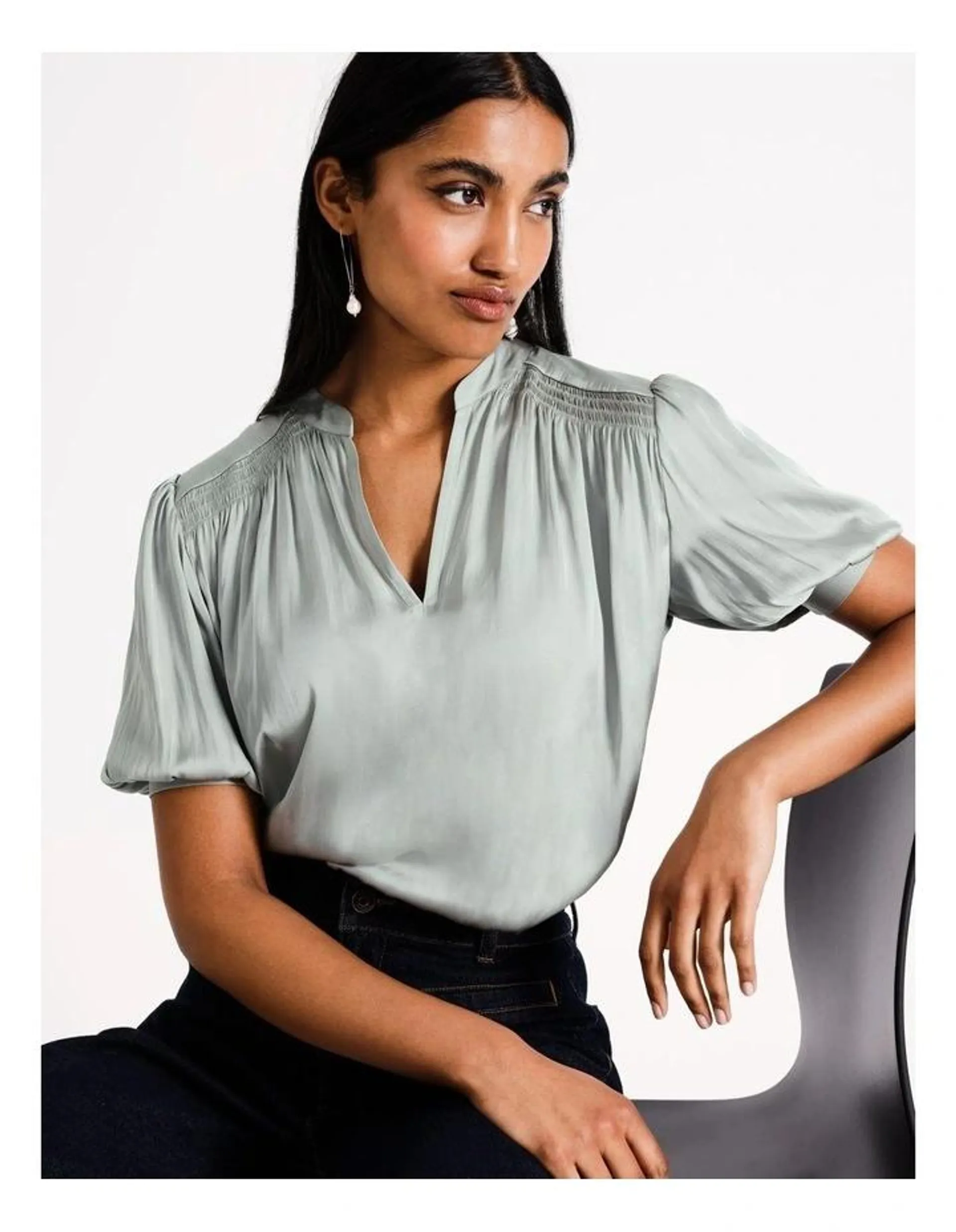 Recycled Polyester Satin Blouse in Sage