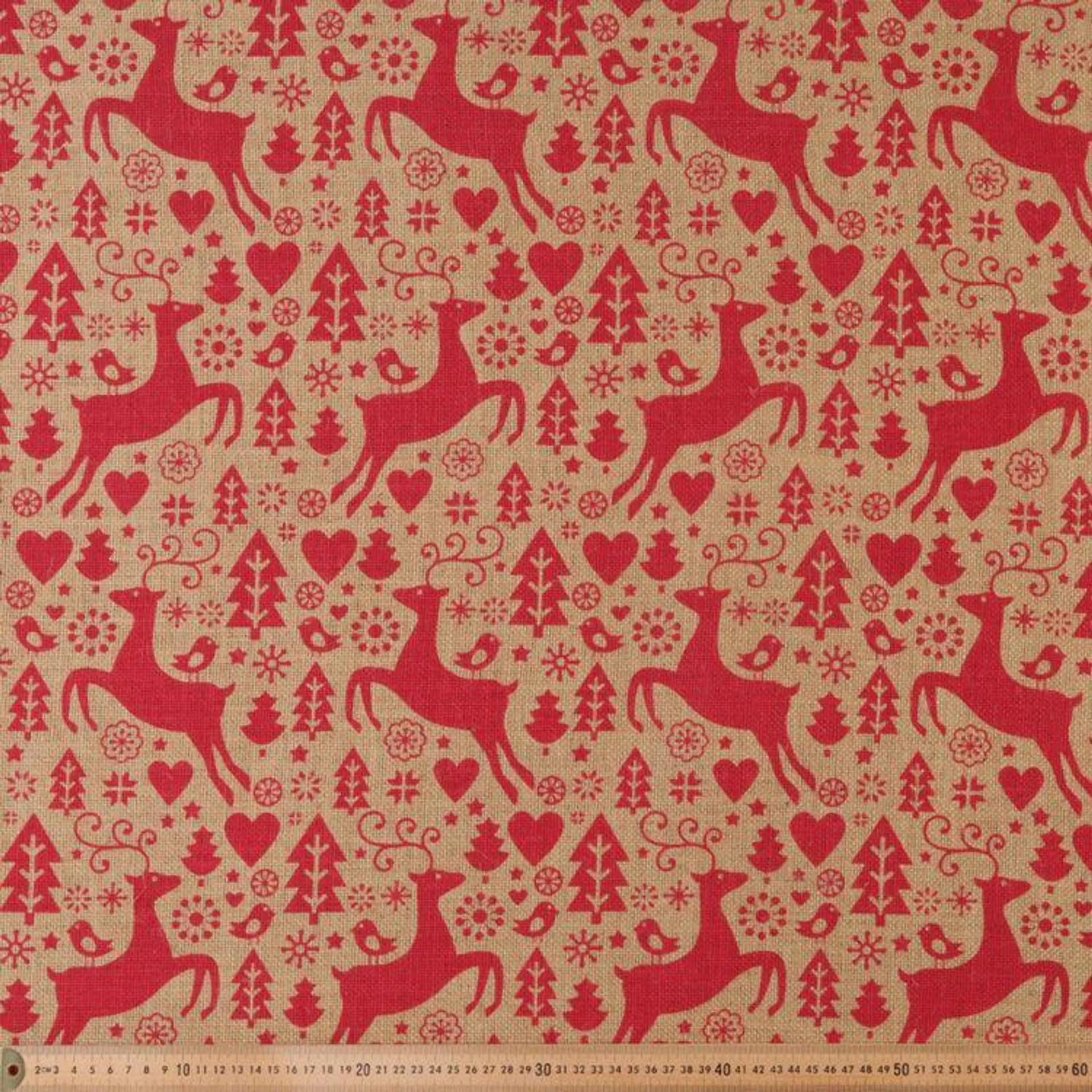 Reindeer & Hearts 120 cm Runner Hessian Fabric Red 120 cm