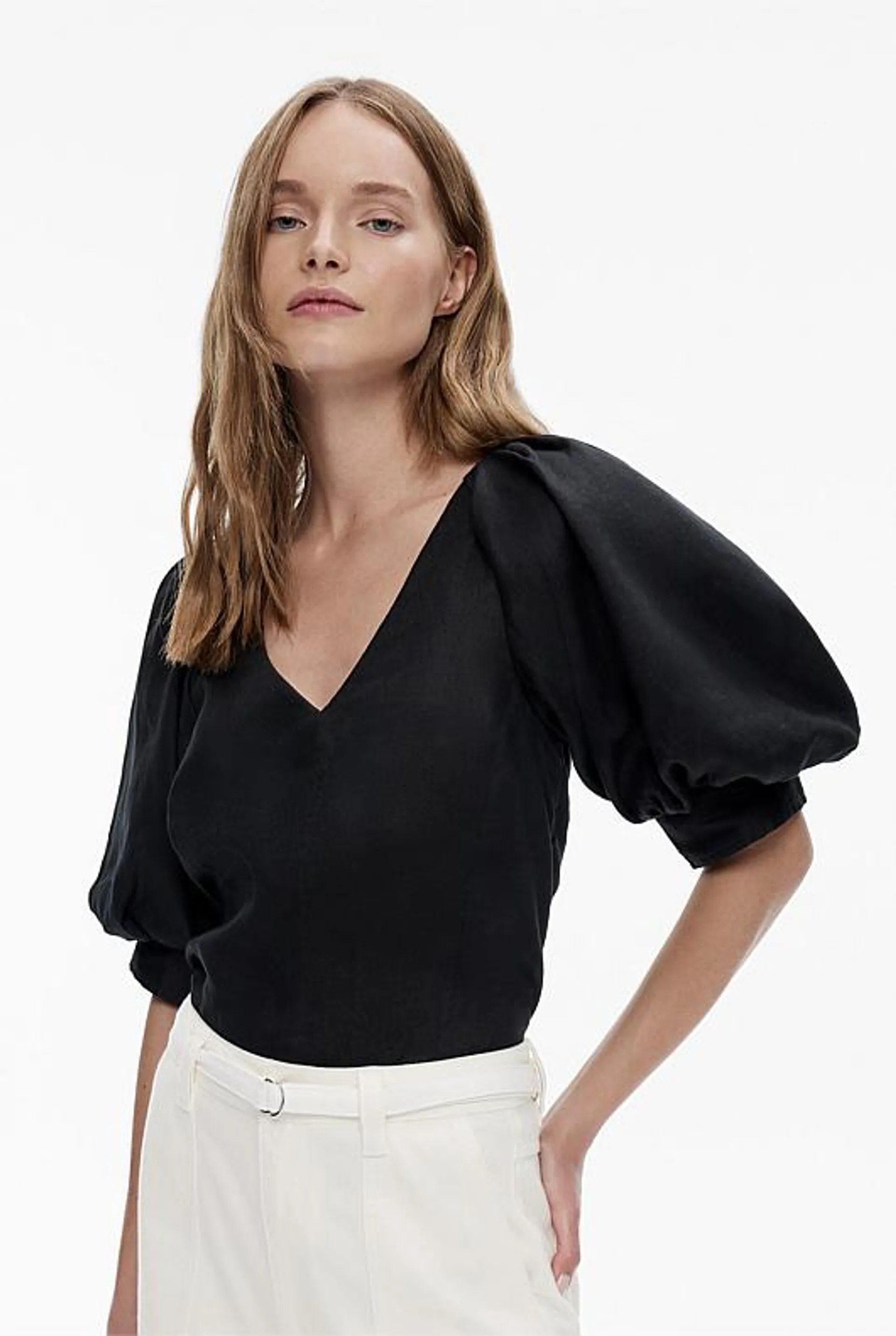 French Linen Puff Sleeve Blouse