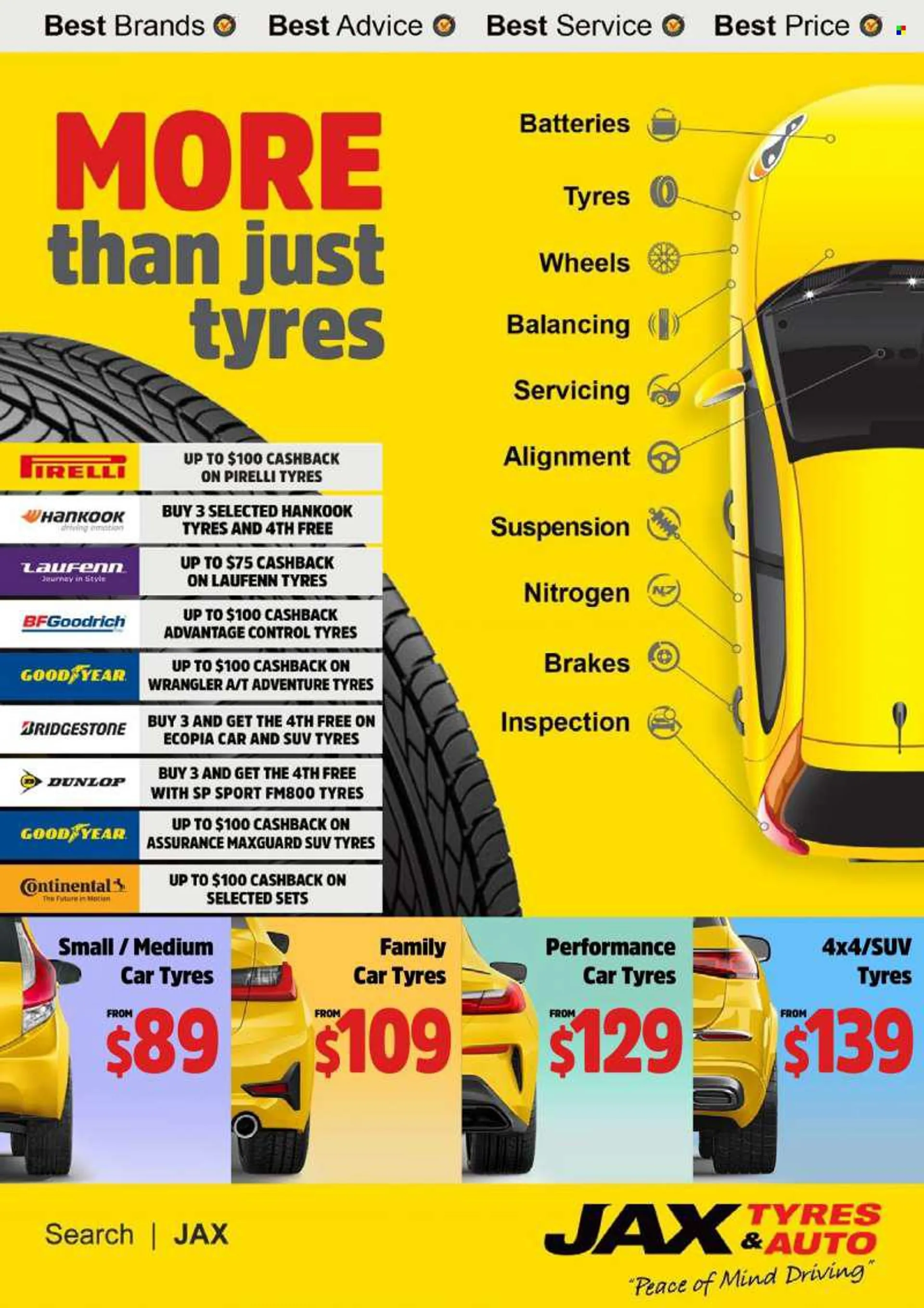 JAX Tyres Catalogue - 1 Jul 2022 - 31 Jul 2022 - Sales products - BF Goodrich, Continental, battery, Bridgestone, Dunlop, hankook, tires. Page 1.