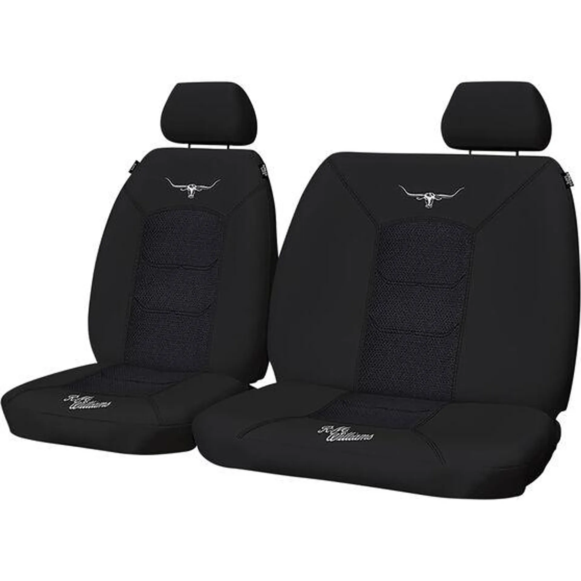 R.M.Williams Woven Seat Covers Black/Grey Adjustable Headrests Size 301 Front Bucket and Bench (W/Out Cut Out) Air Bag Compatible