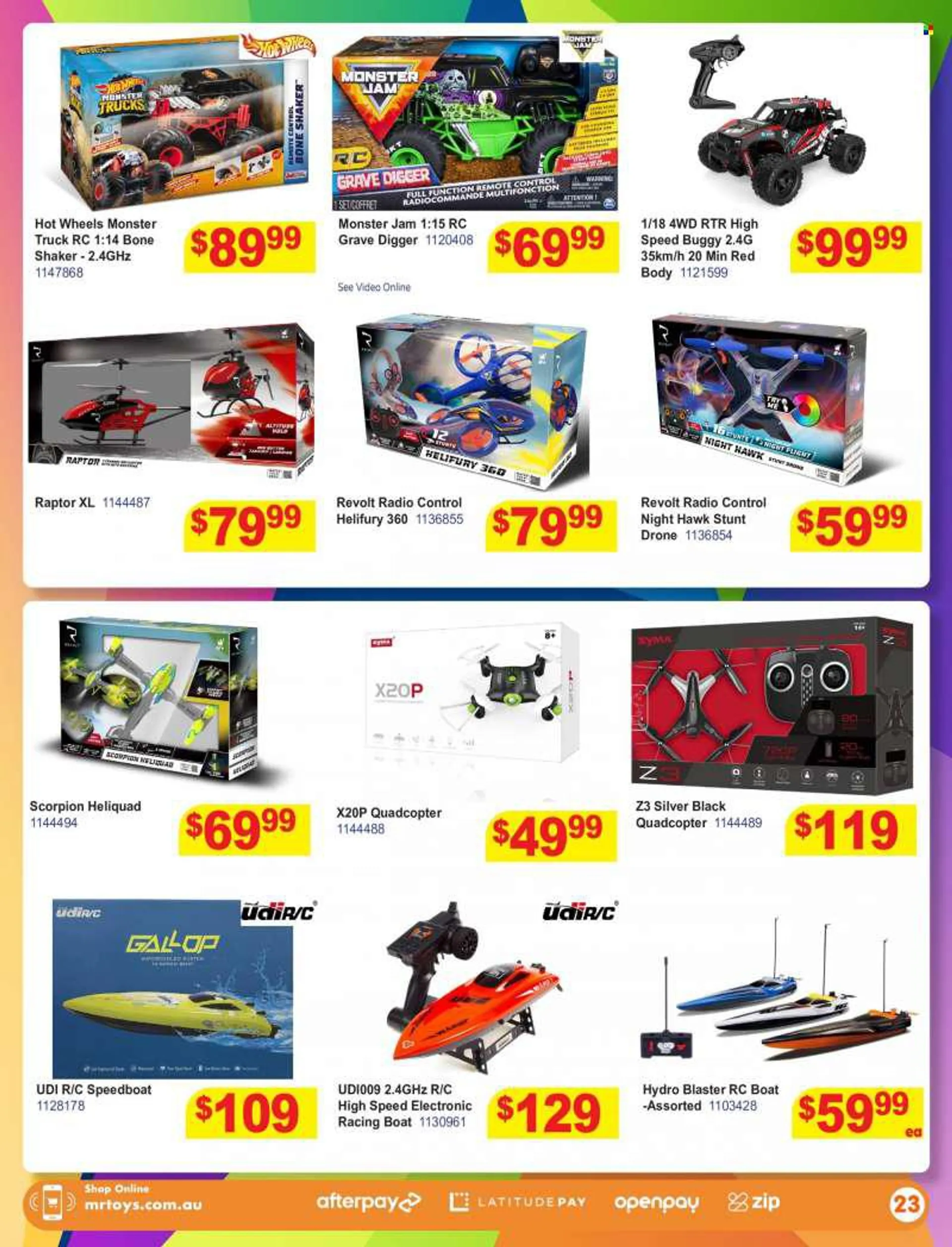 Mr Toys Catalogue - 20 Jul 2022 - 14 Aug 2022 - Sales products - boat, Hot Wheels, helicopter, quadcopter, Speed Buggy, Monster Trucks. Page 23.