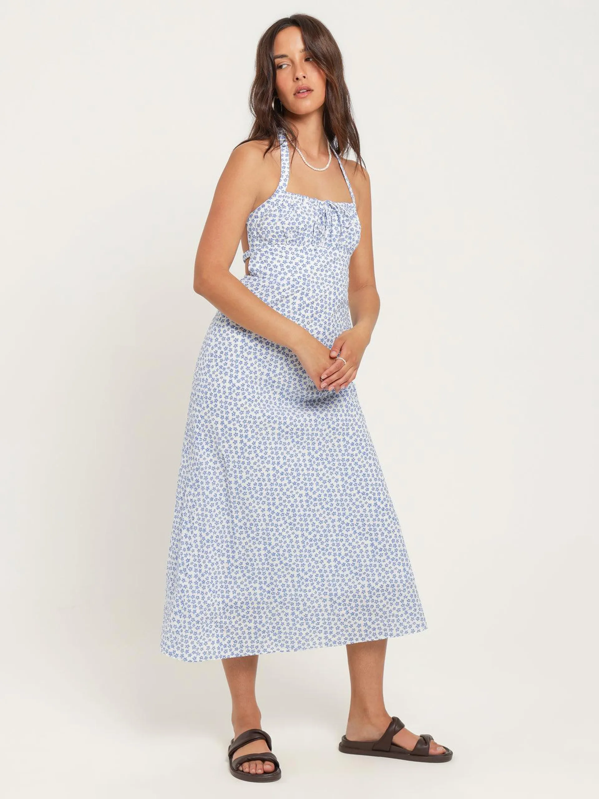 Lucie Midi Dress in Blue & White Tropez Floral Print