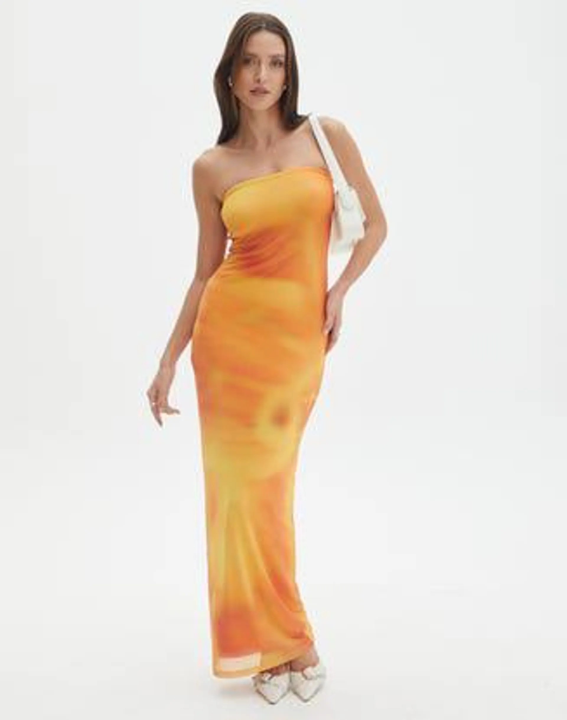 Strapless Print Mesh Maxi Dress