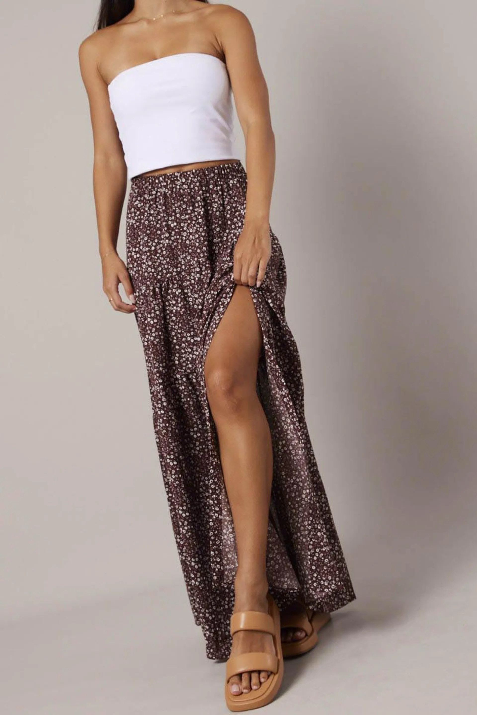 Brown Ditsy Maxi Skirt High Rise Tiered