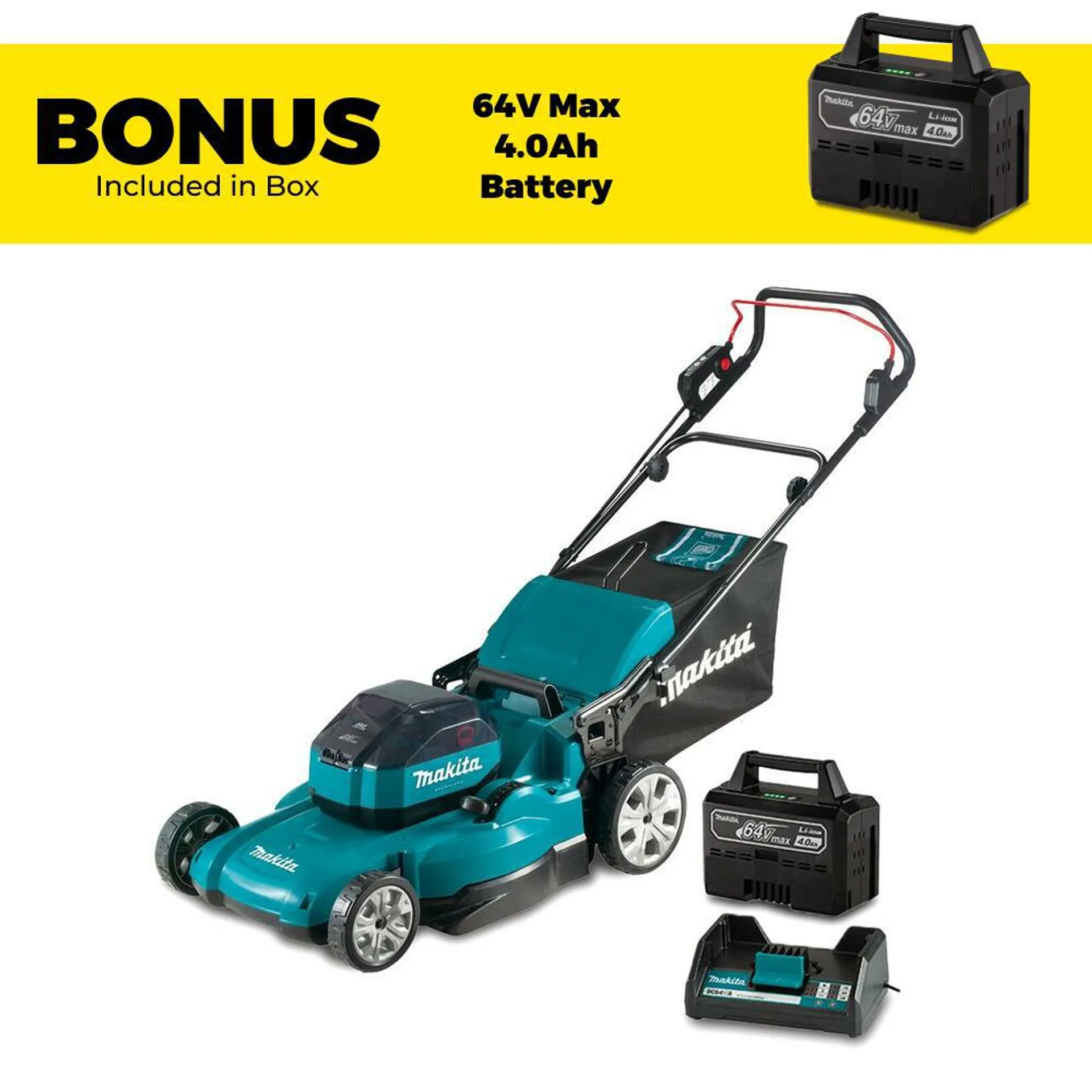 Makita LM002JM101-B 64V Max 4.0Ah Li-ion Cordless Brushless 530mm (21") Lawn Mower Combo Kit