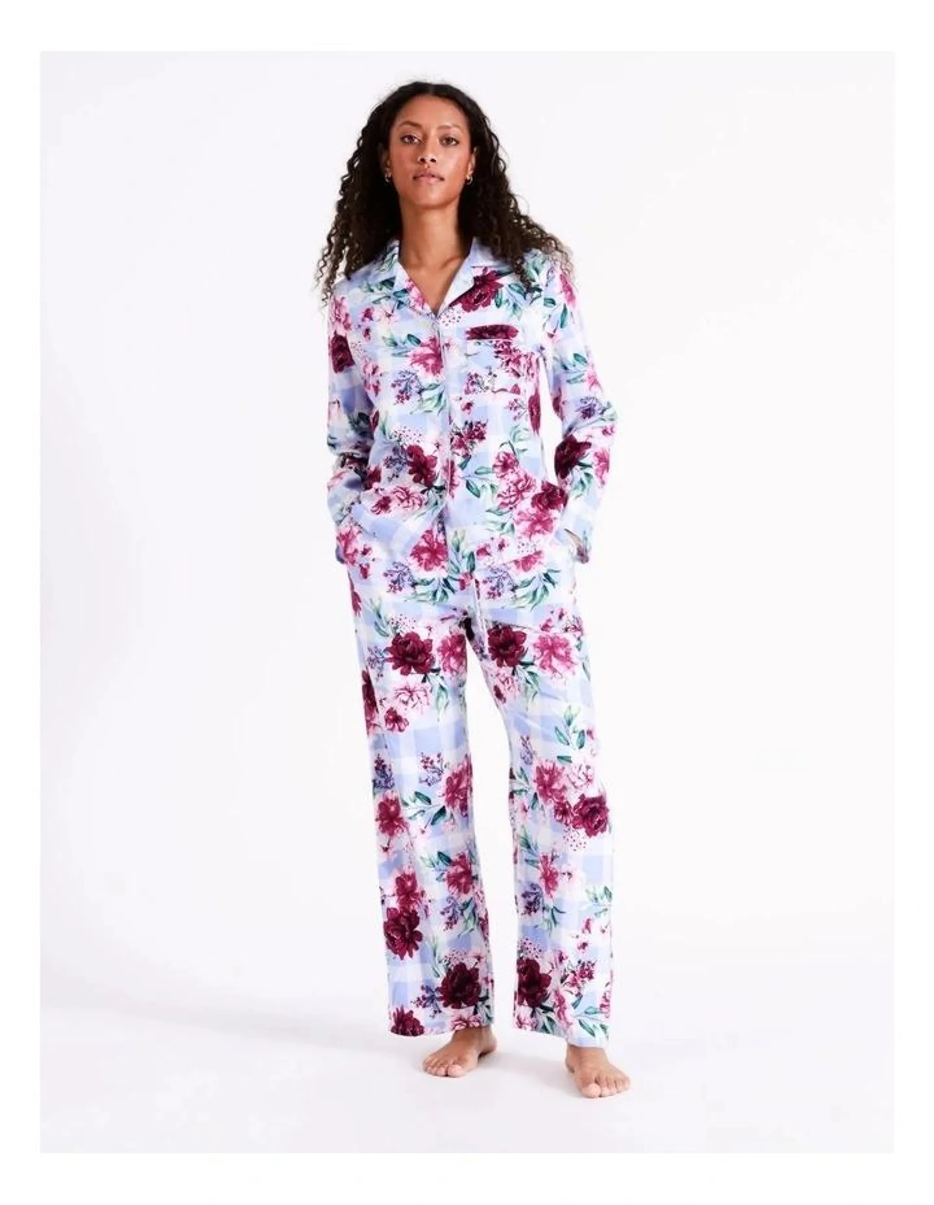 Twill Flannelette Pyjama Set in Blue Floral