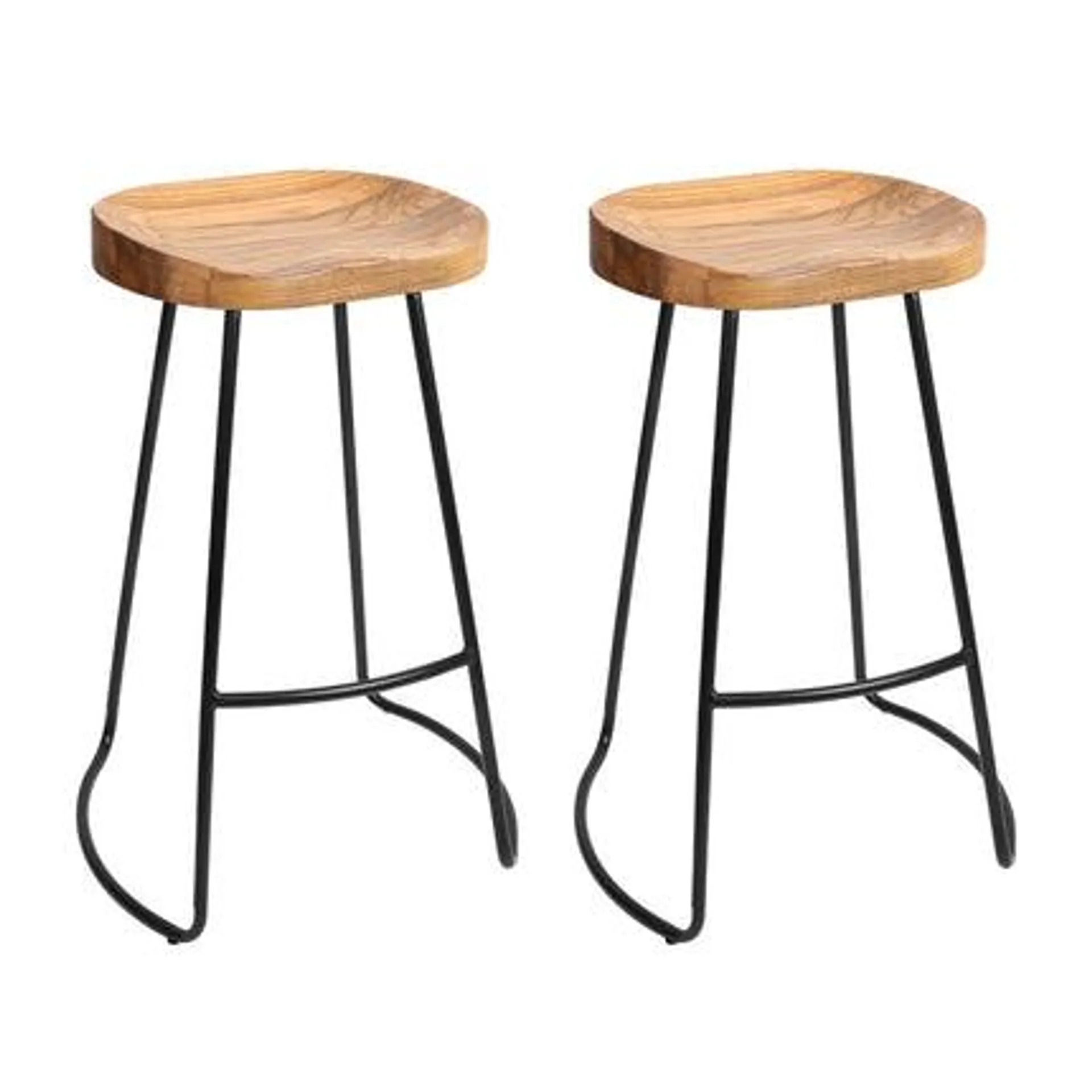 Set of 2 Elm Wood Backless Bar Stools 75cm - Black and Light Natural