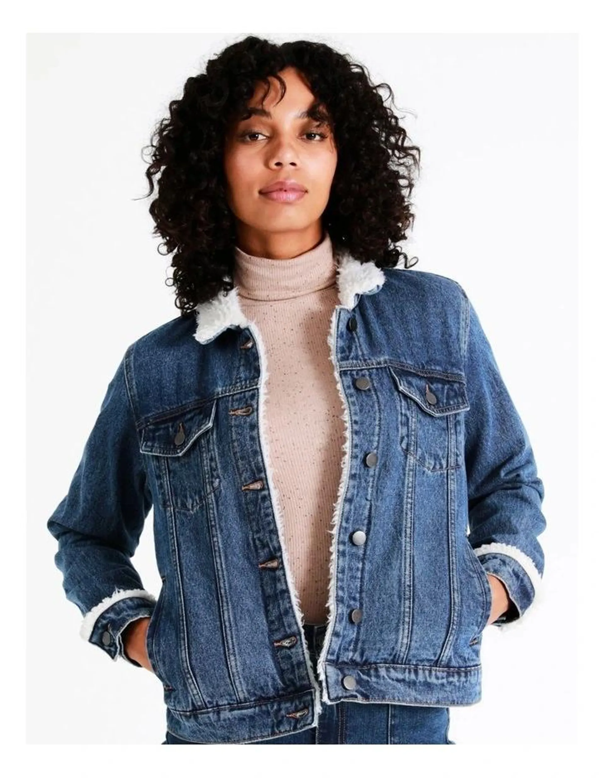 Recycled Blend Sherpa Trim Denim Jacket in Blue