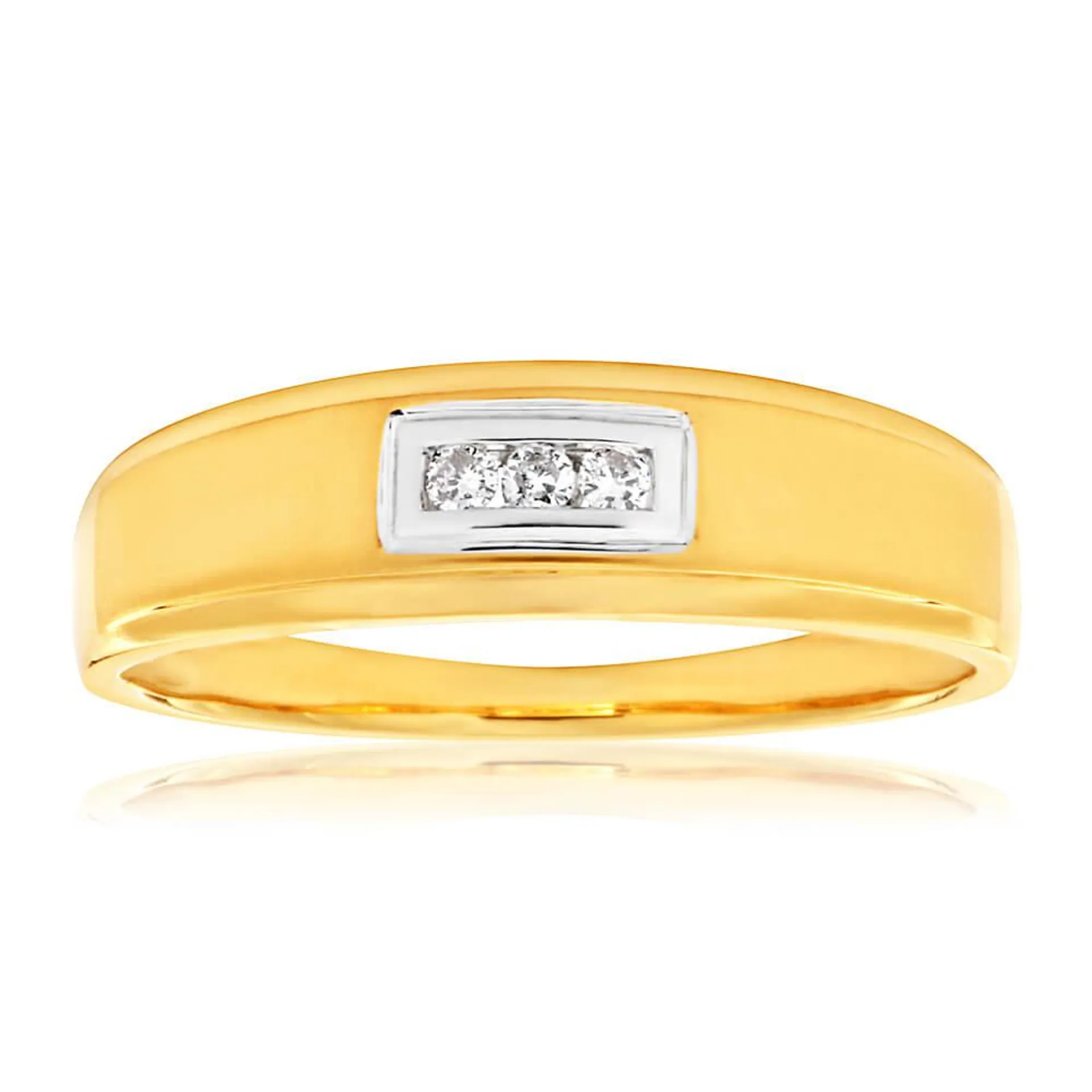 9ct Yellow Gold Matt Polished Gents Ring with 3 Diamonds