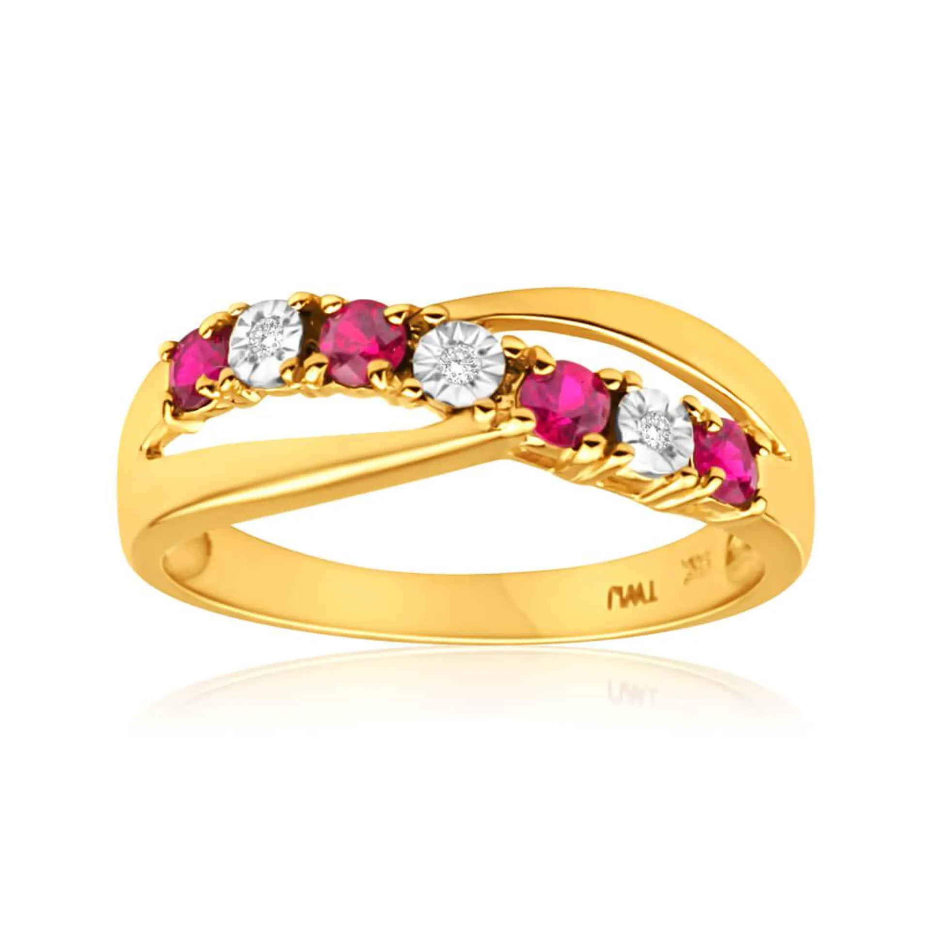 9ct Yellow Gold Created Ruby x 4 and Diamond x 4 Ring