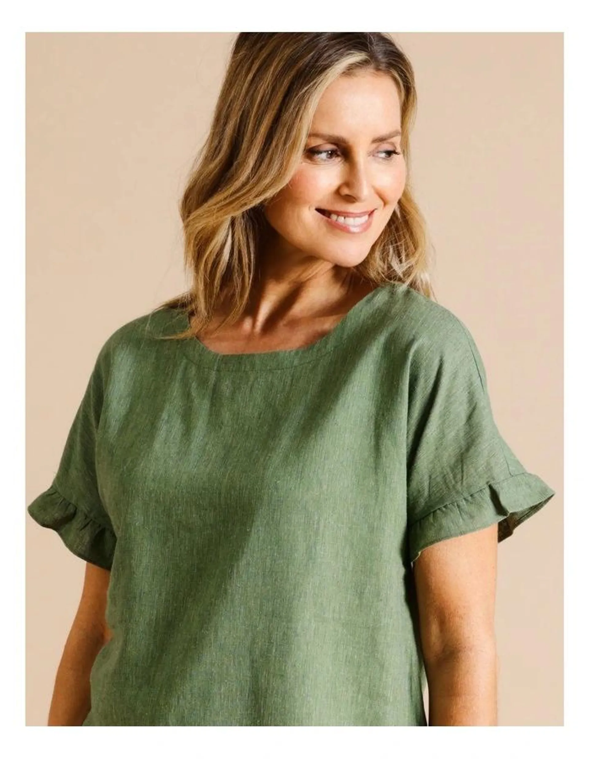 European Linen Blend Short Frill Sleeve Top With Curved Hem in Green Crossdye