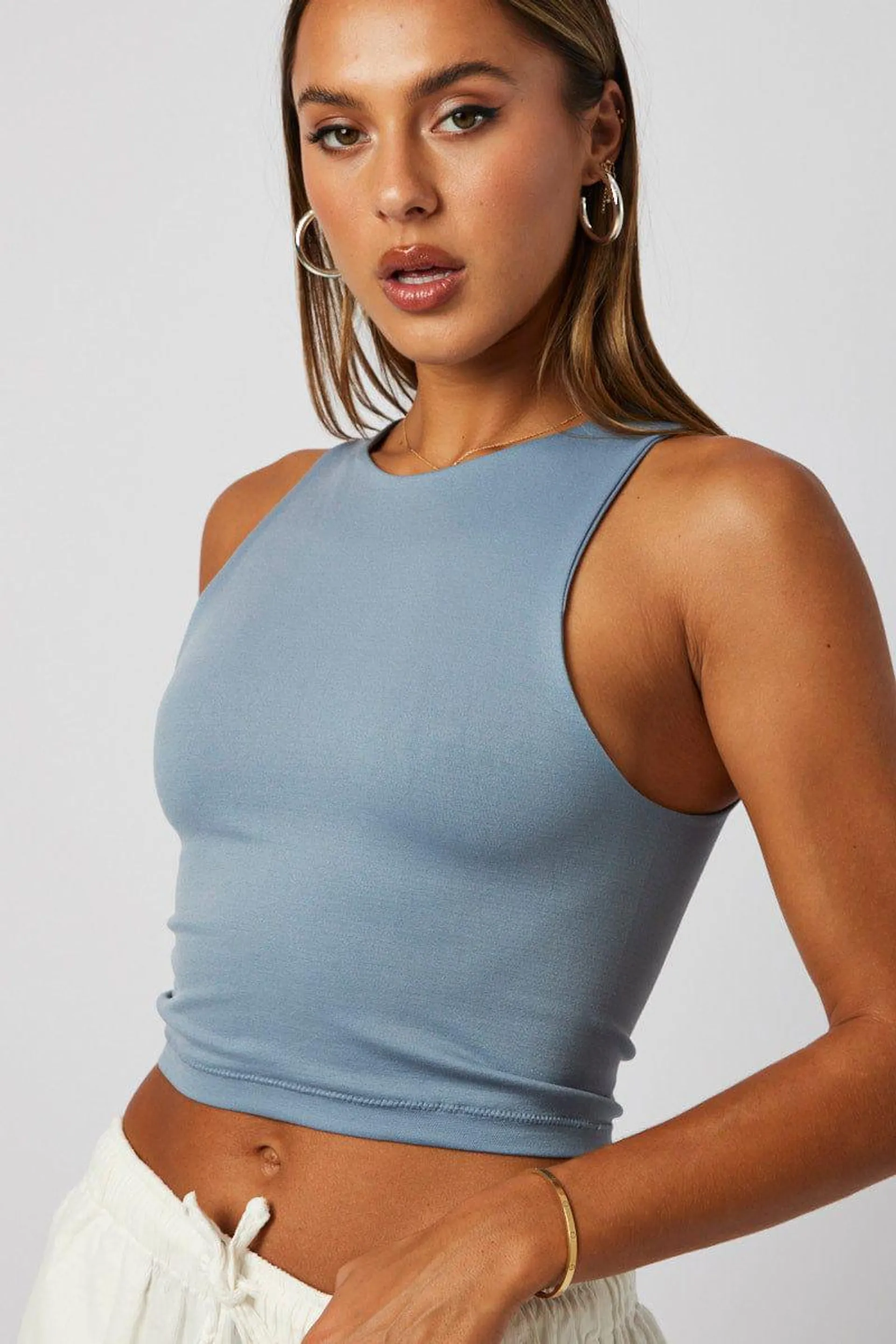 Blue Tank Top Crew Neck Seamless