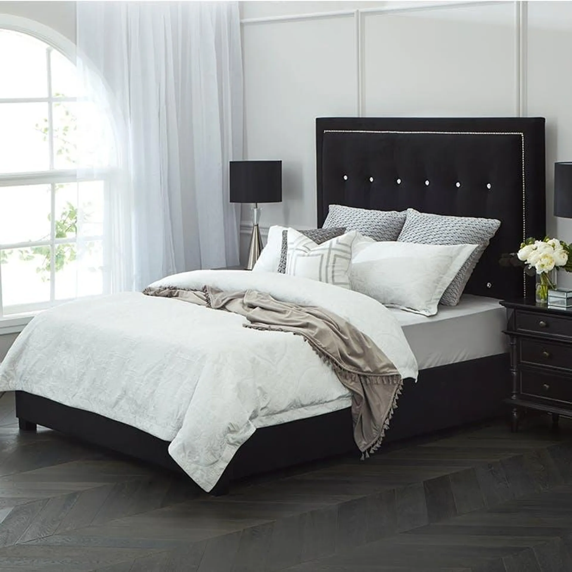 Hyatt Upholstered Bed Frame W/Studs, Profile Panache Onyx