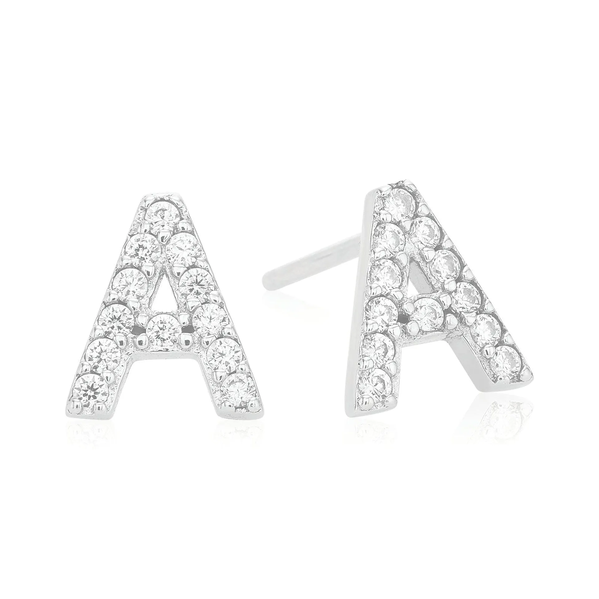 Sterling Silver with Cubic Zirconia Initial Stud Earrings A