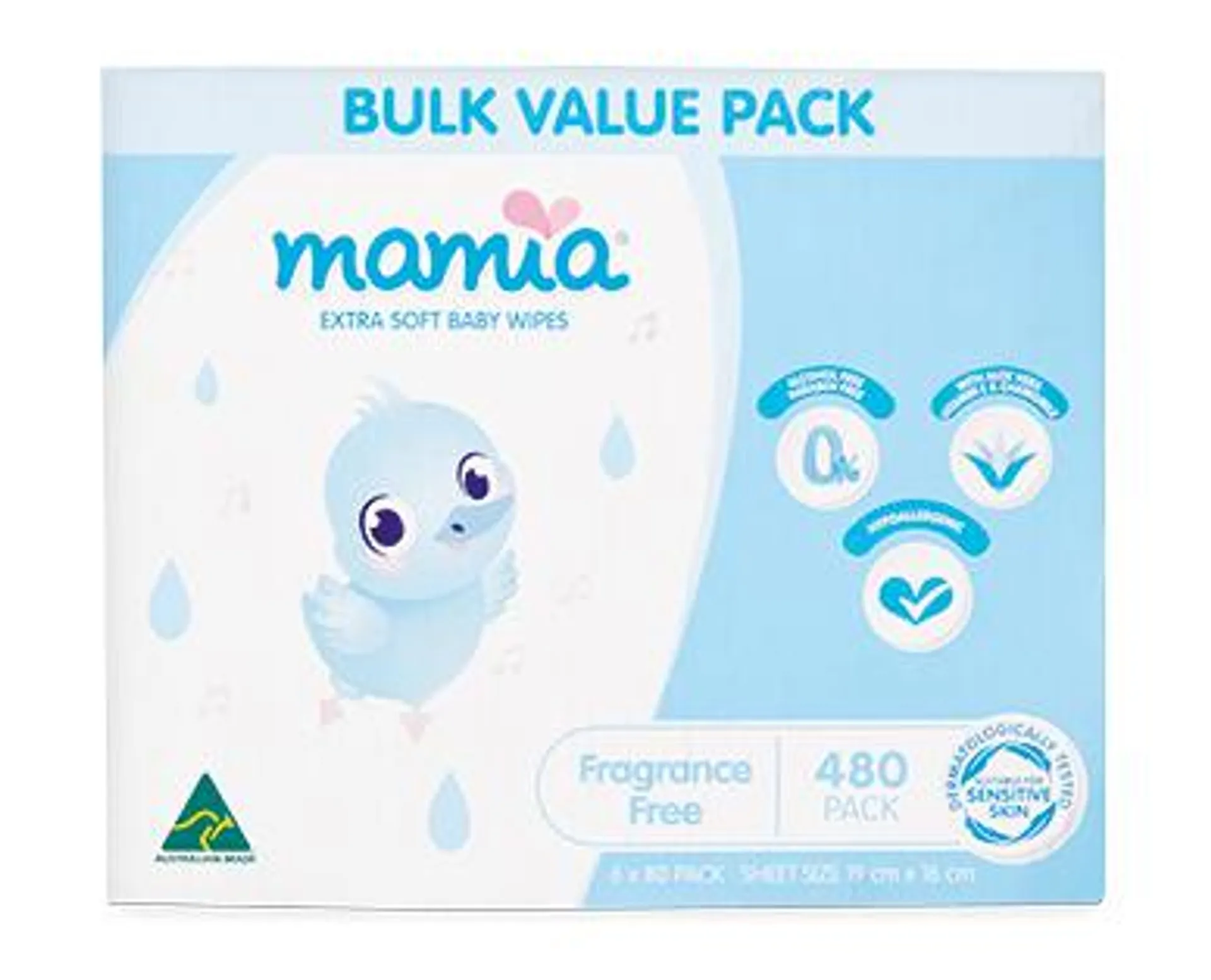 Mamia Baby Wipes 480pk Fragrance free