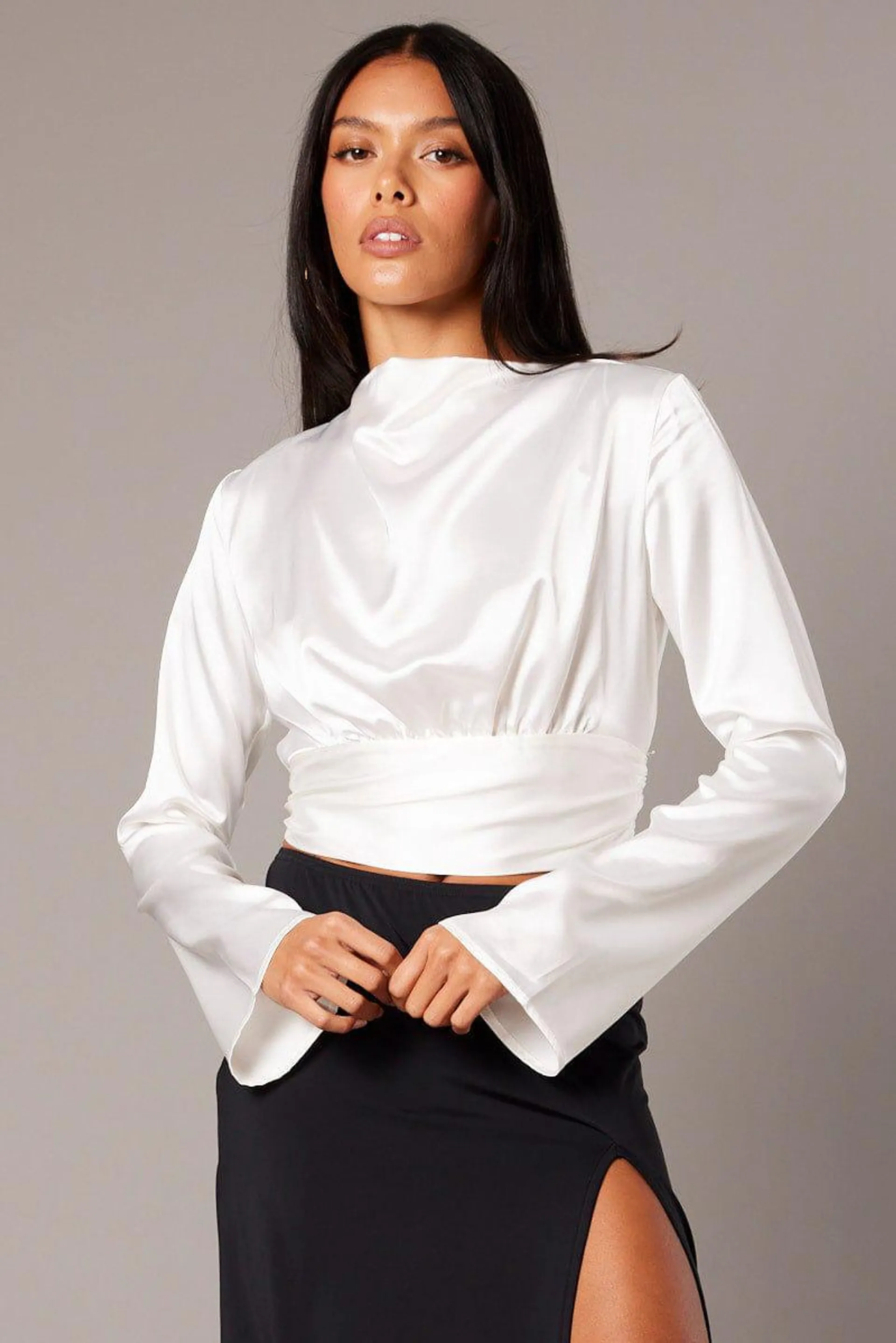 White Backless Top Flared Sleeve High Neck Blouse