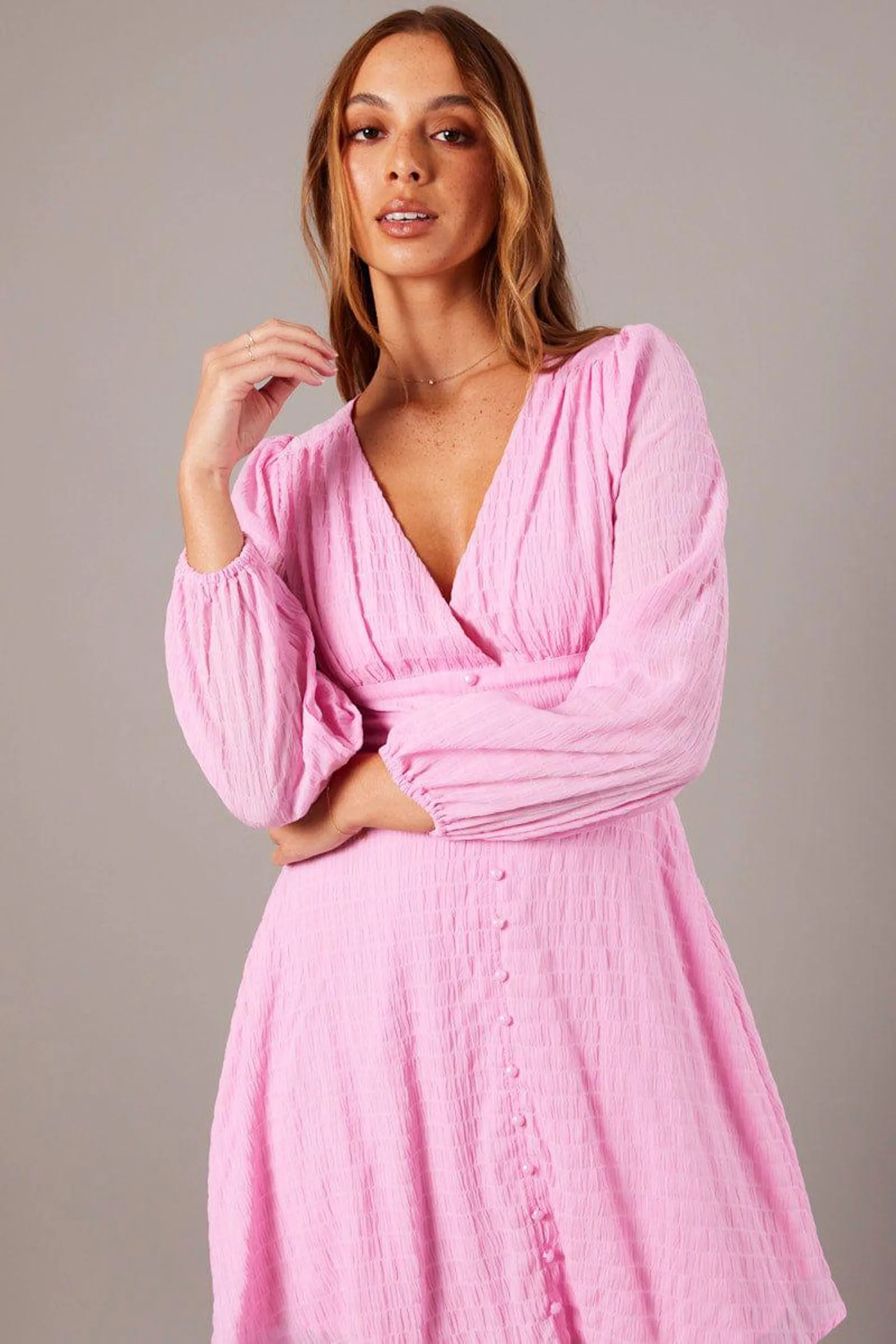 Pink Fit And Flare Dress Long Sleeve