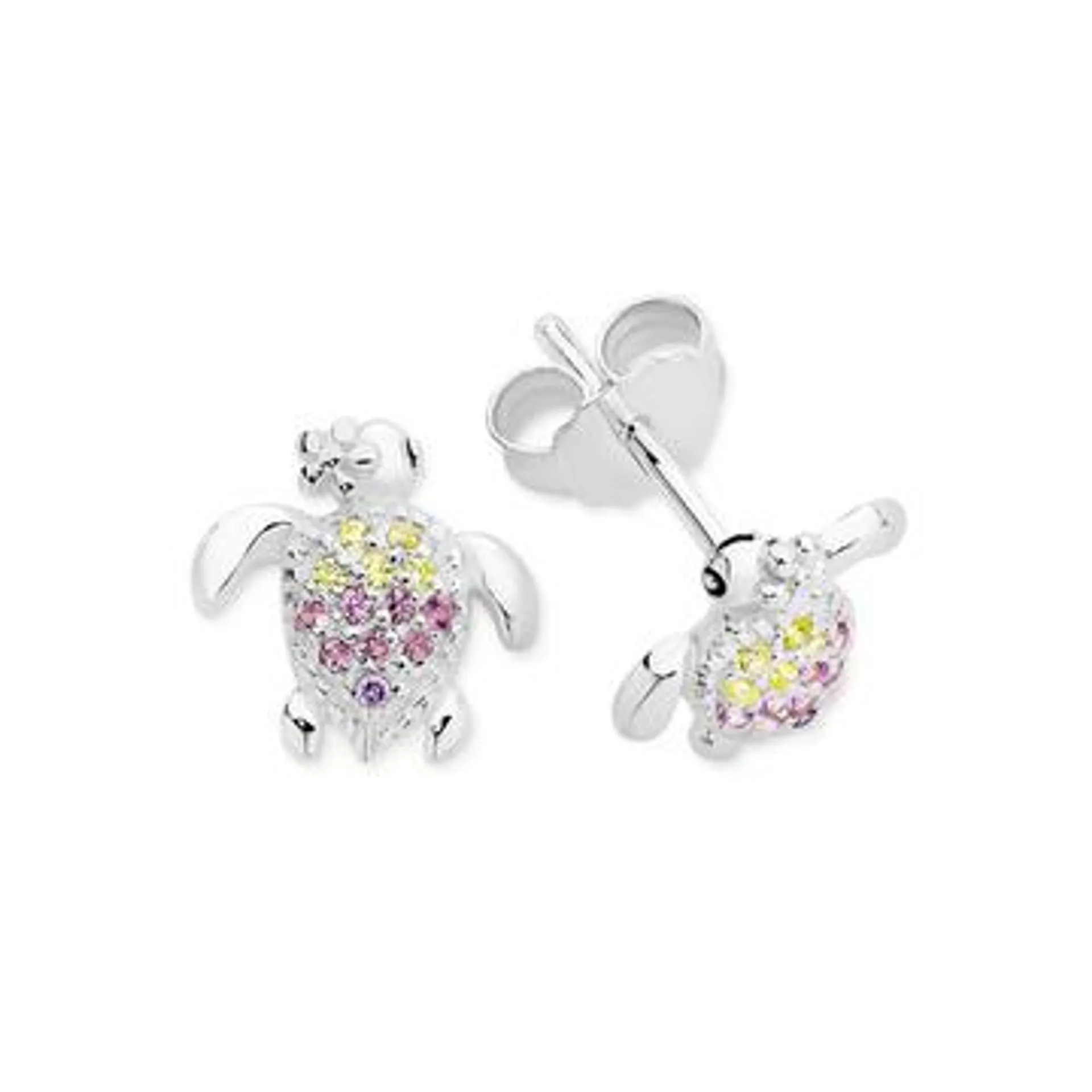 Silver Multi Colour CZ Turtle Stud Earrings