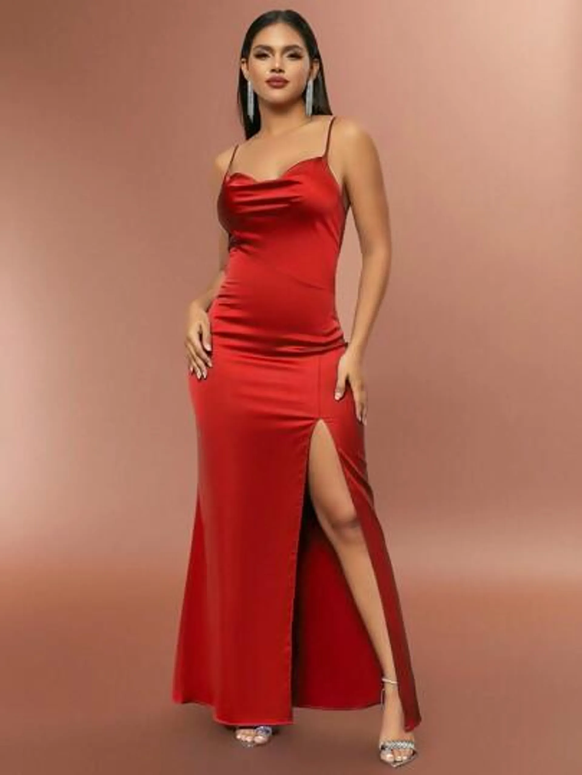 D&M Slim Fit Halter Neck Side Slit Sleeveless Sequin Evening Gown Dress With Open Back For Women