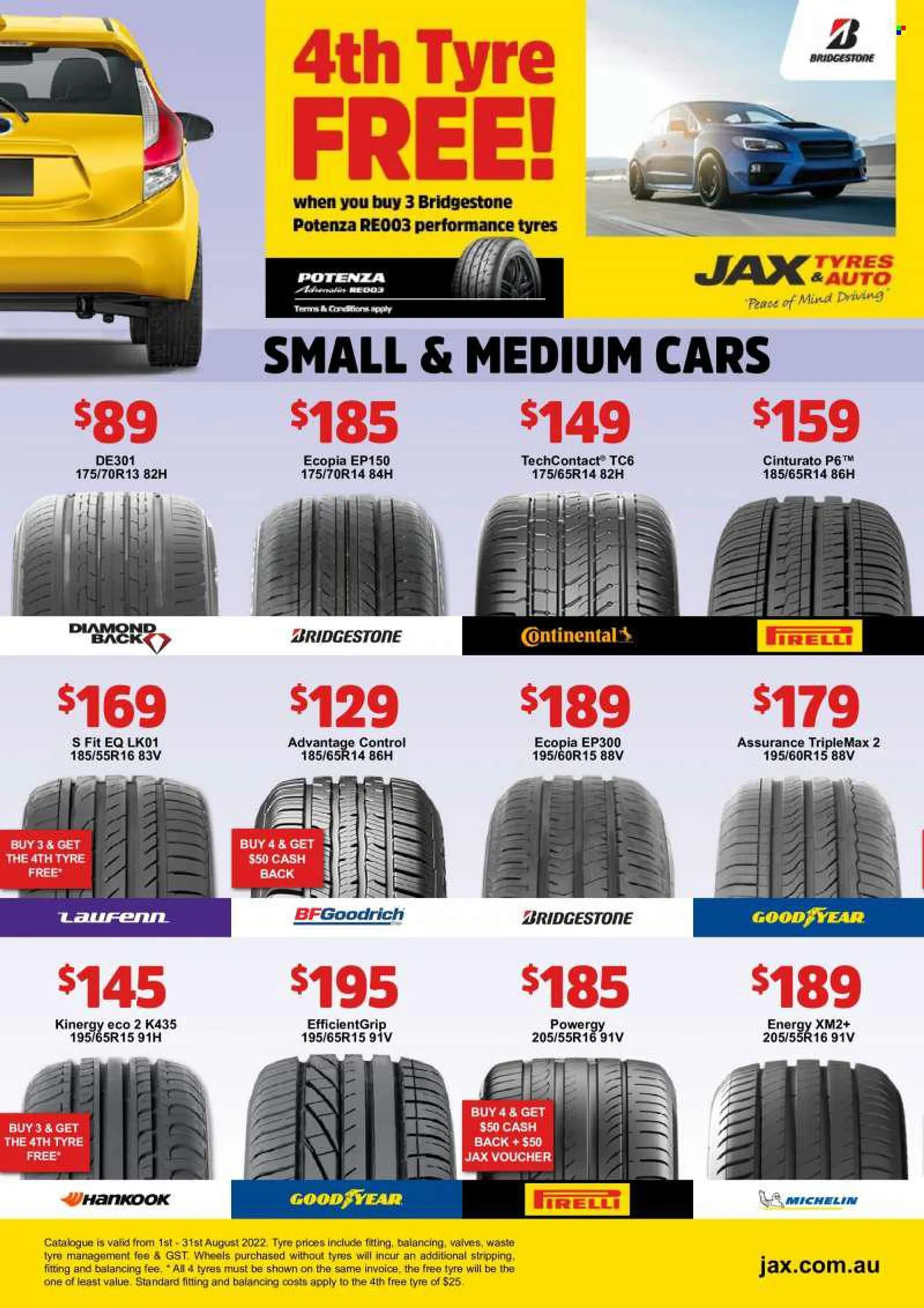 JAX Tyres Catalogue - 1 Aug 2022 - 31 Aug 2022 - Sales products - BF Goodrich, Continental, Bridgestone, Michelin, hankook, tires. Page 2.
