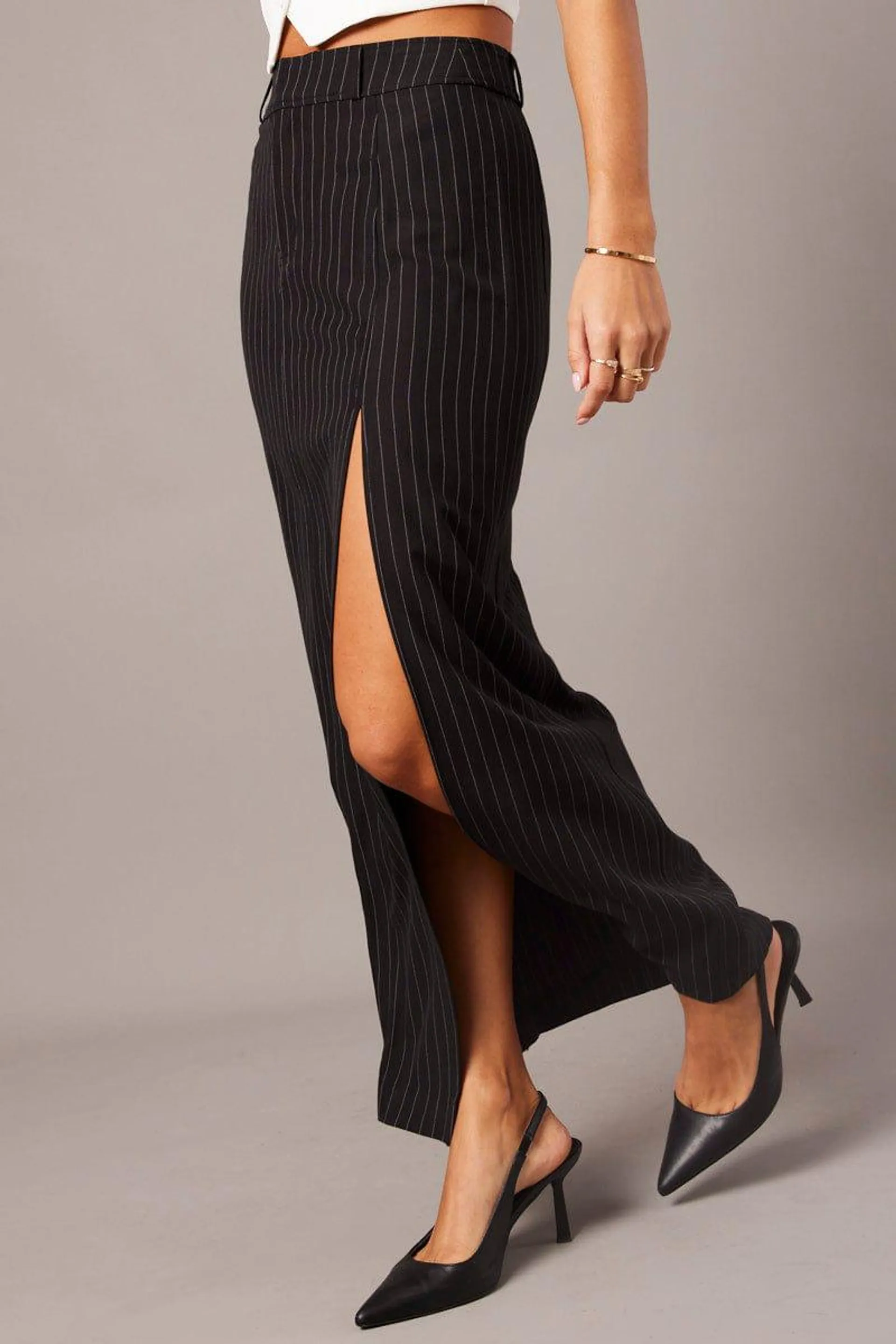 Black Stripe Midi Skirt Tailored High Waist