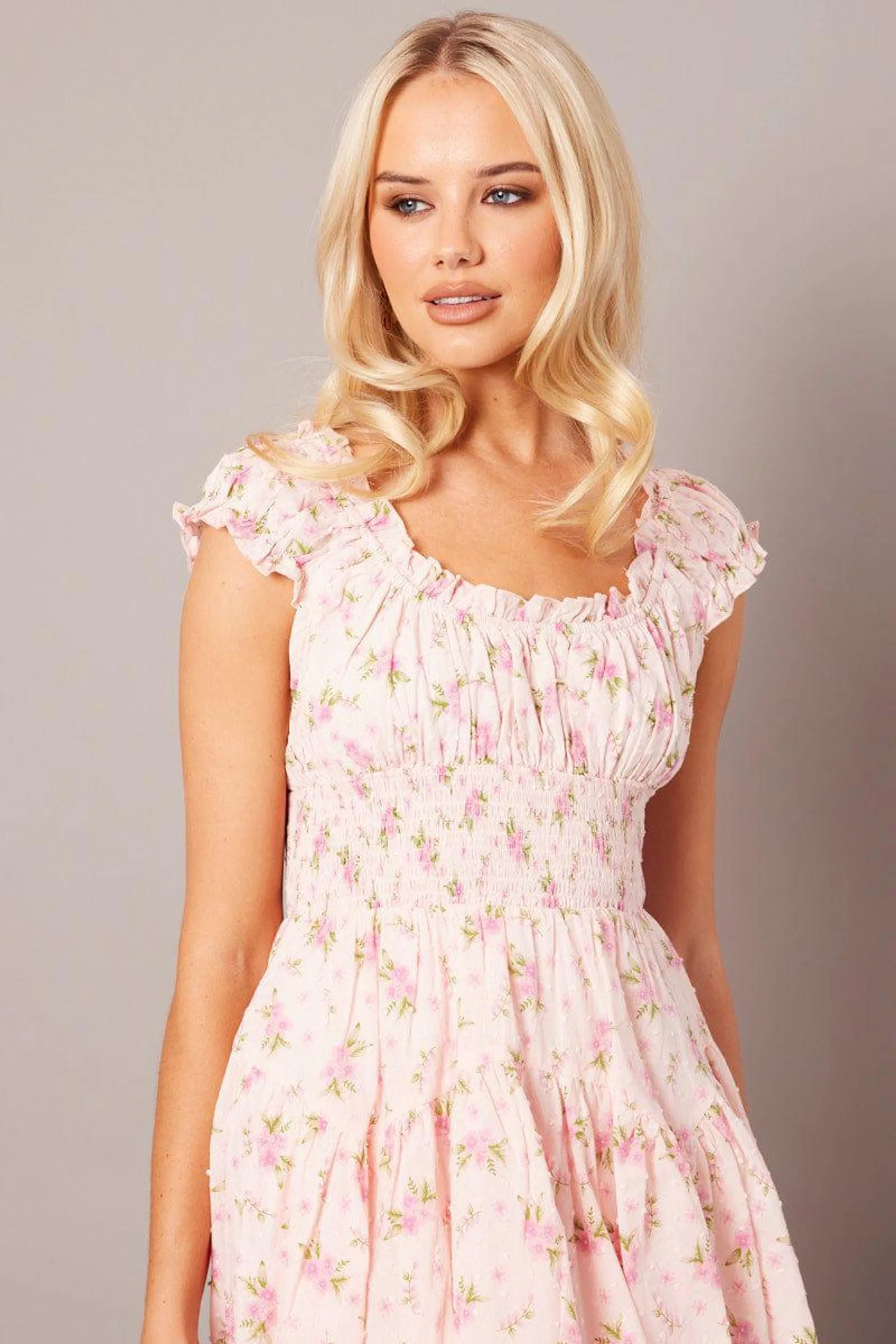 Pink Floral Fit And Flare Dress Puff Sleeve