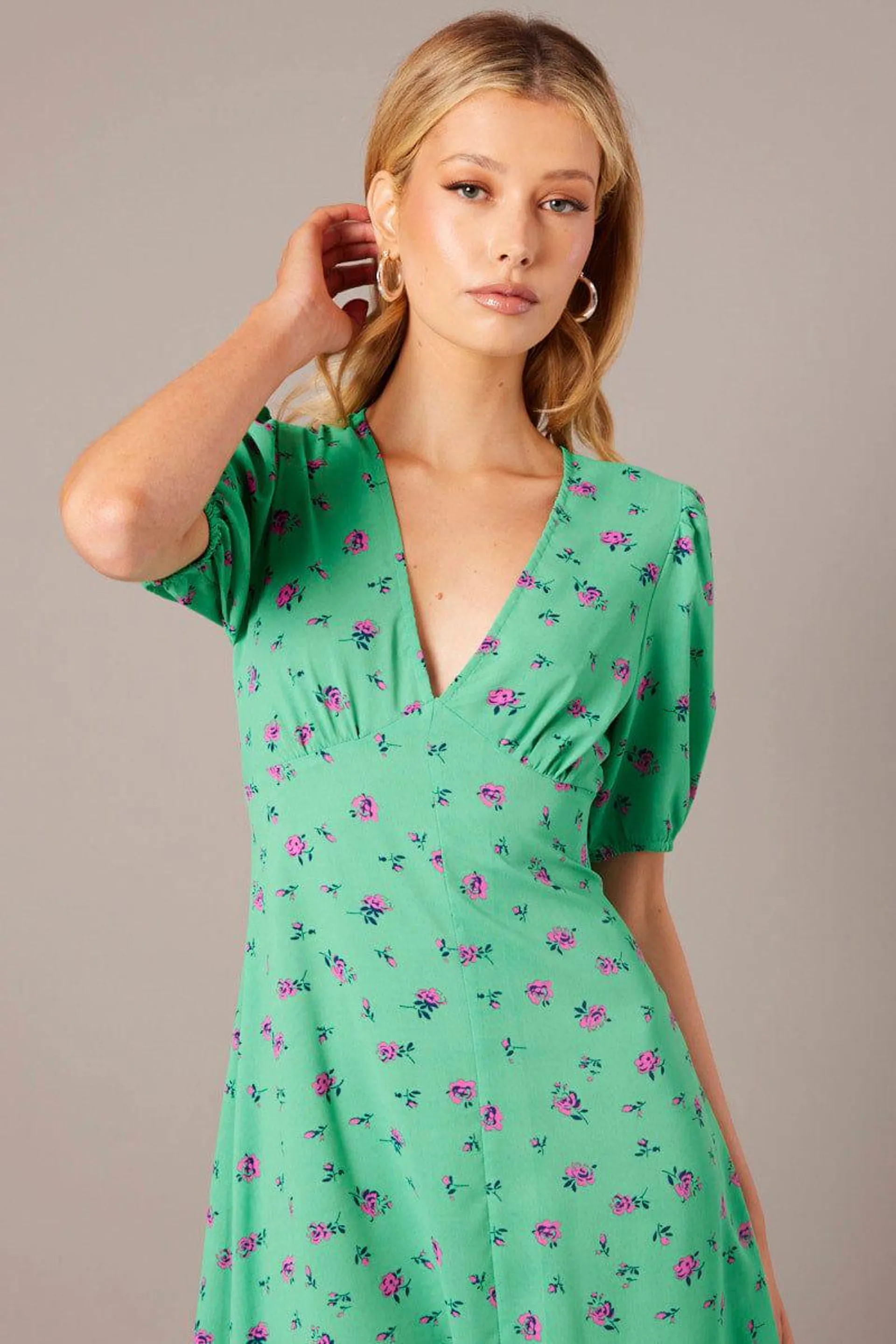 Green Floral Midi Dress Puff Sleeve Tea Dress