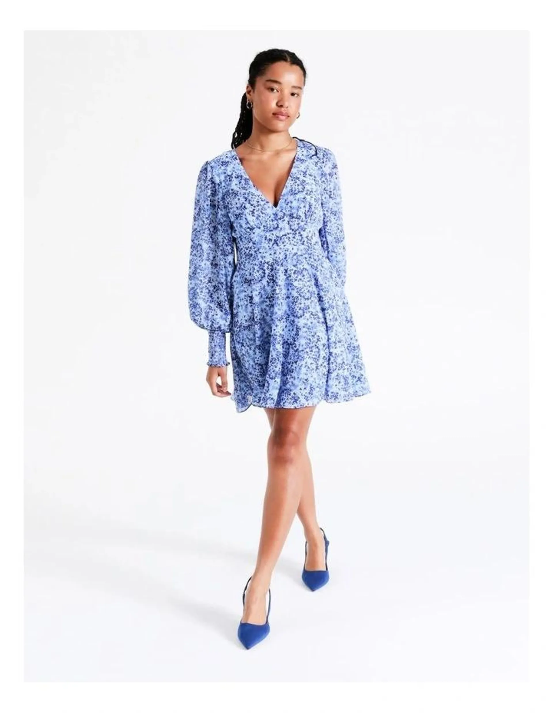 Recycled V-Neck Fit & Flare Mini Dress in Blue