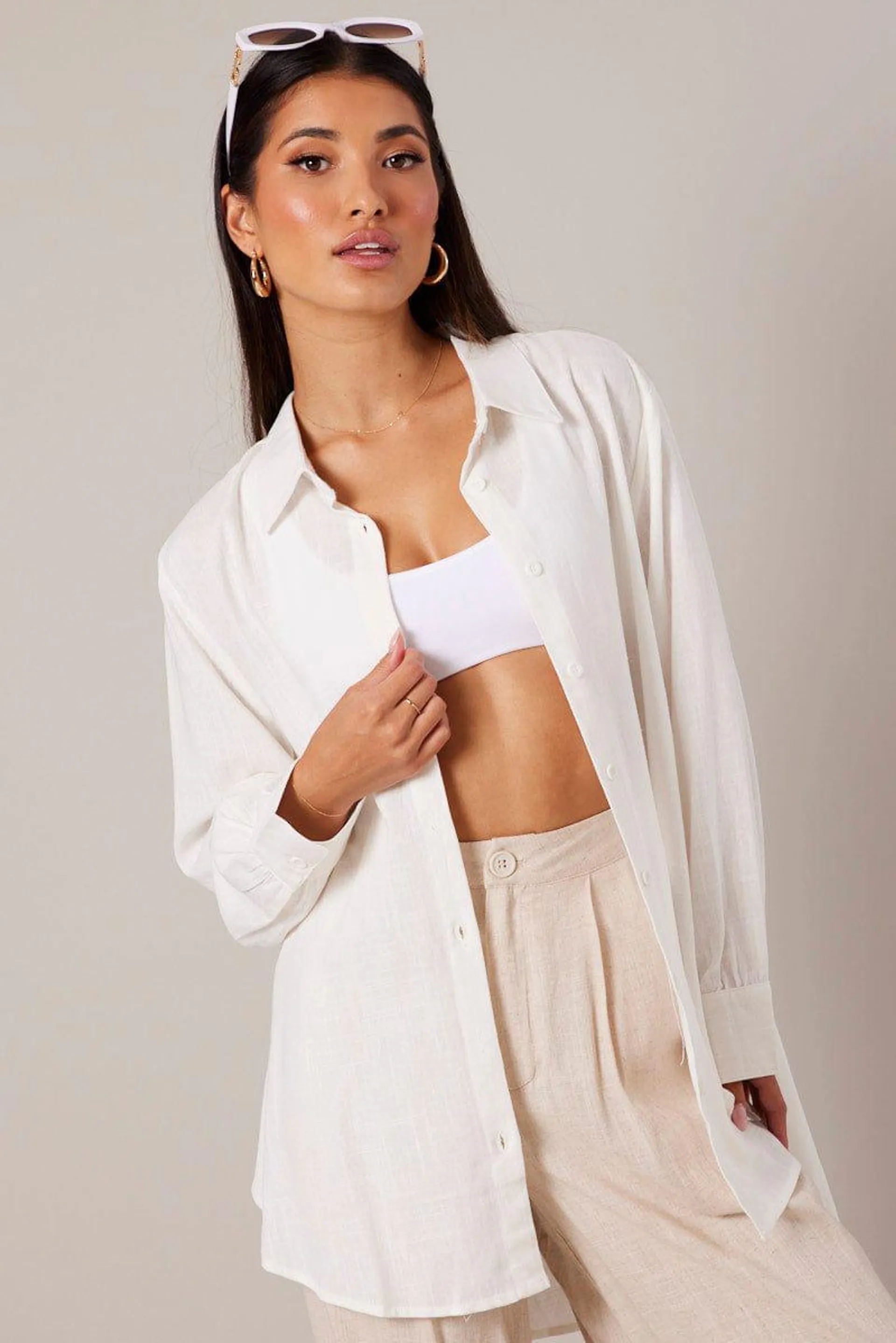 White Relaxed Shirt Long Sleeve Textured