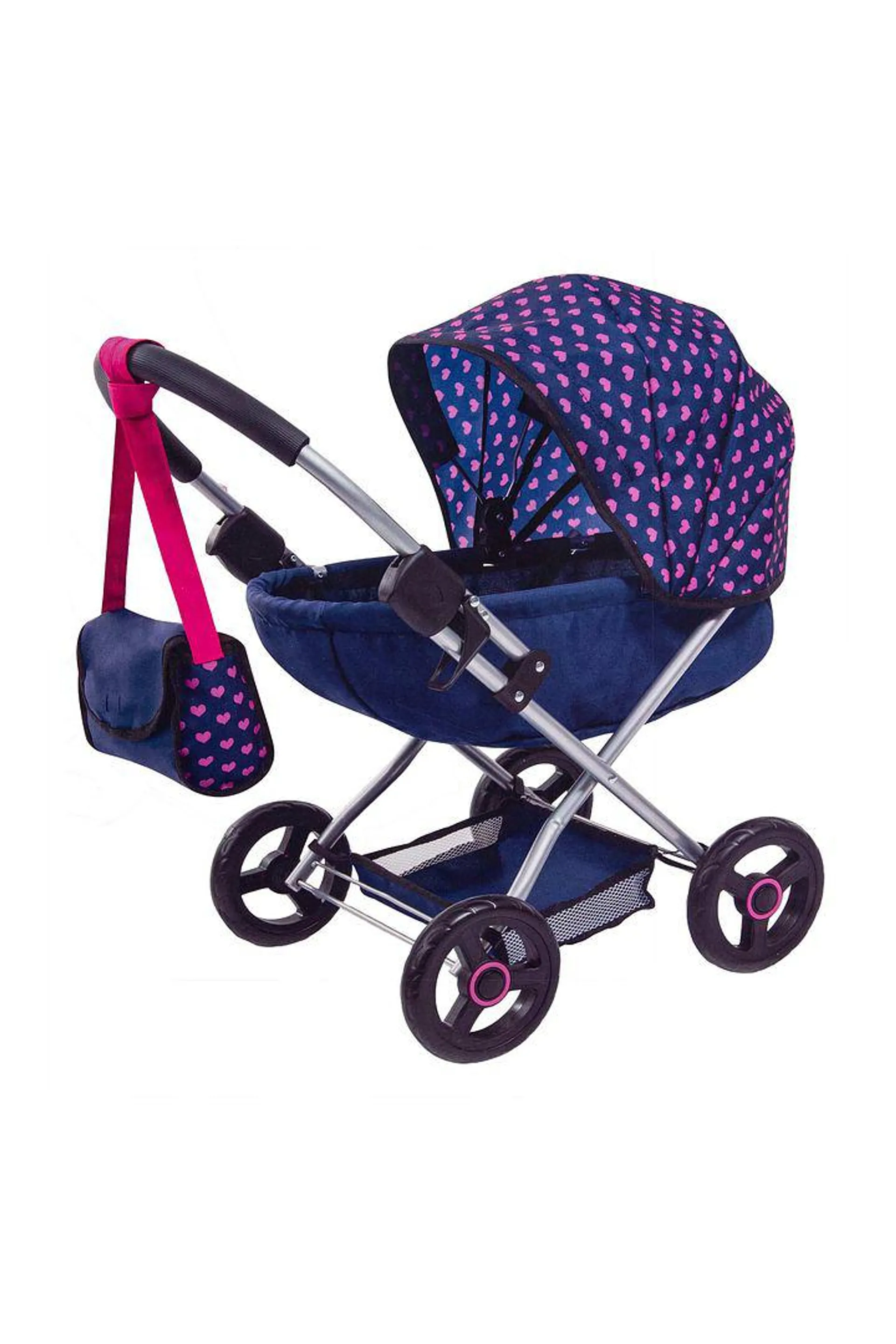 Bayer Cosy Doll Pram - Dark Blue with Pink Hearts and Unicorn