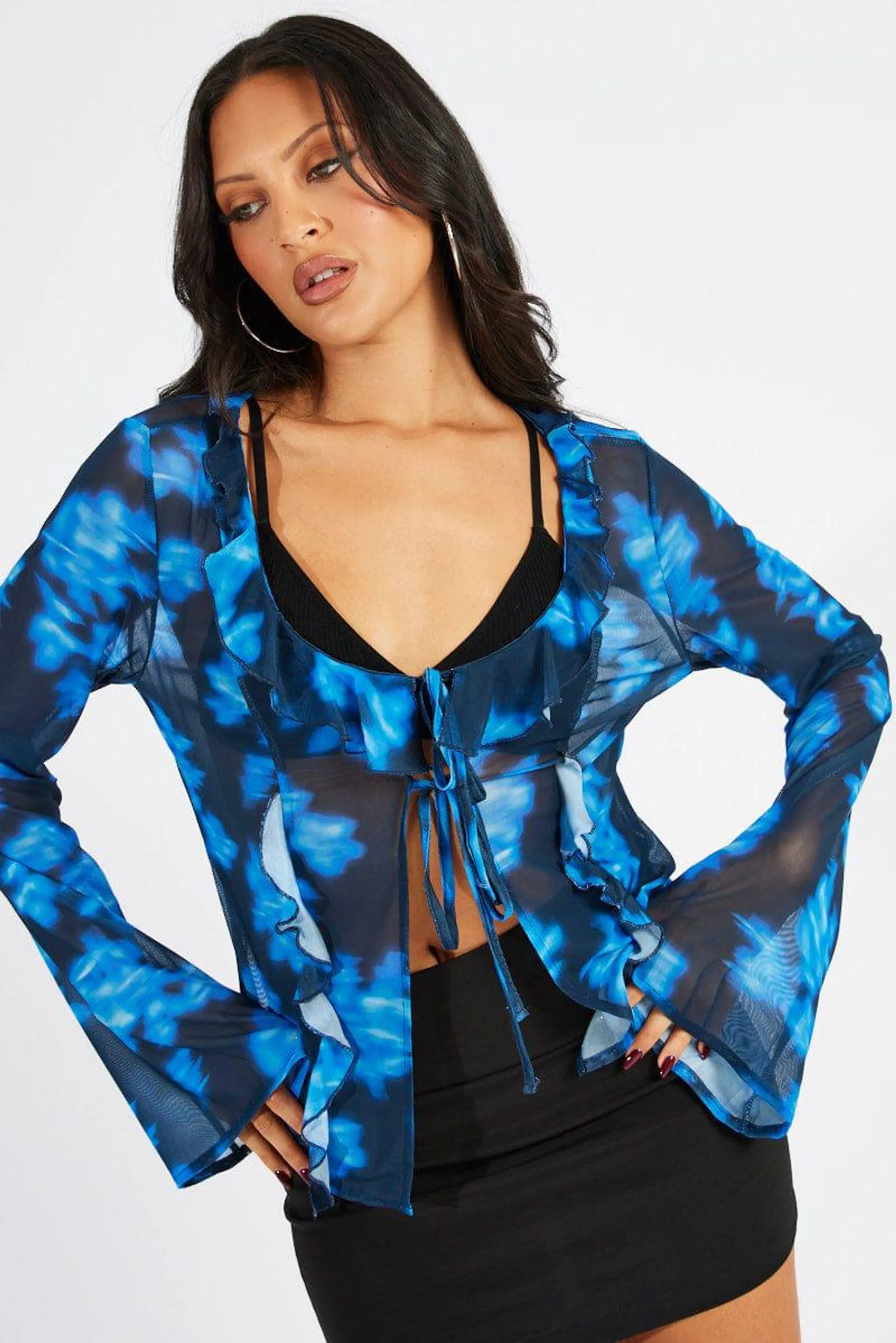 Blue Floral Frill Split Top Tie Front Long Sleeve